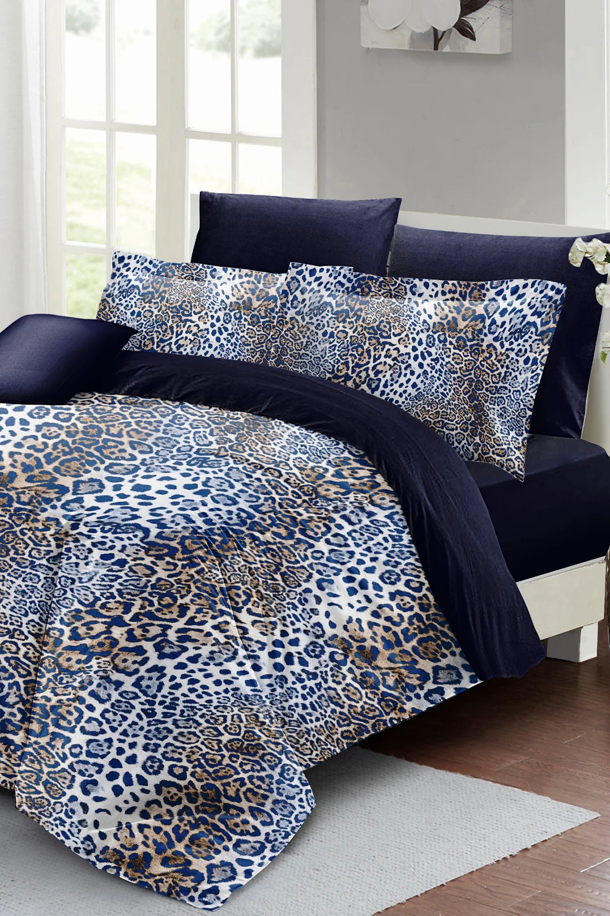 Çift Kişilik 3D Nevresim Takımı Pamuk Saten Blue Leopard