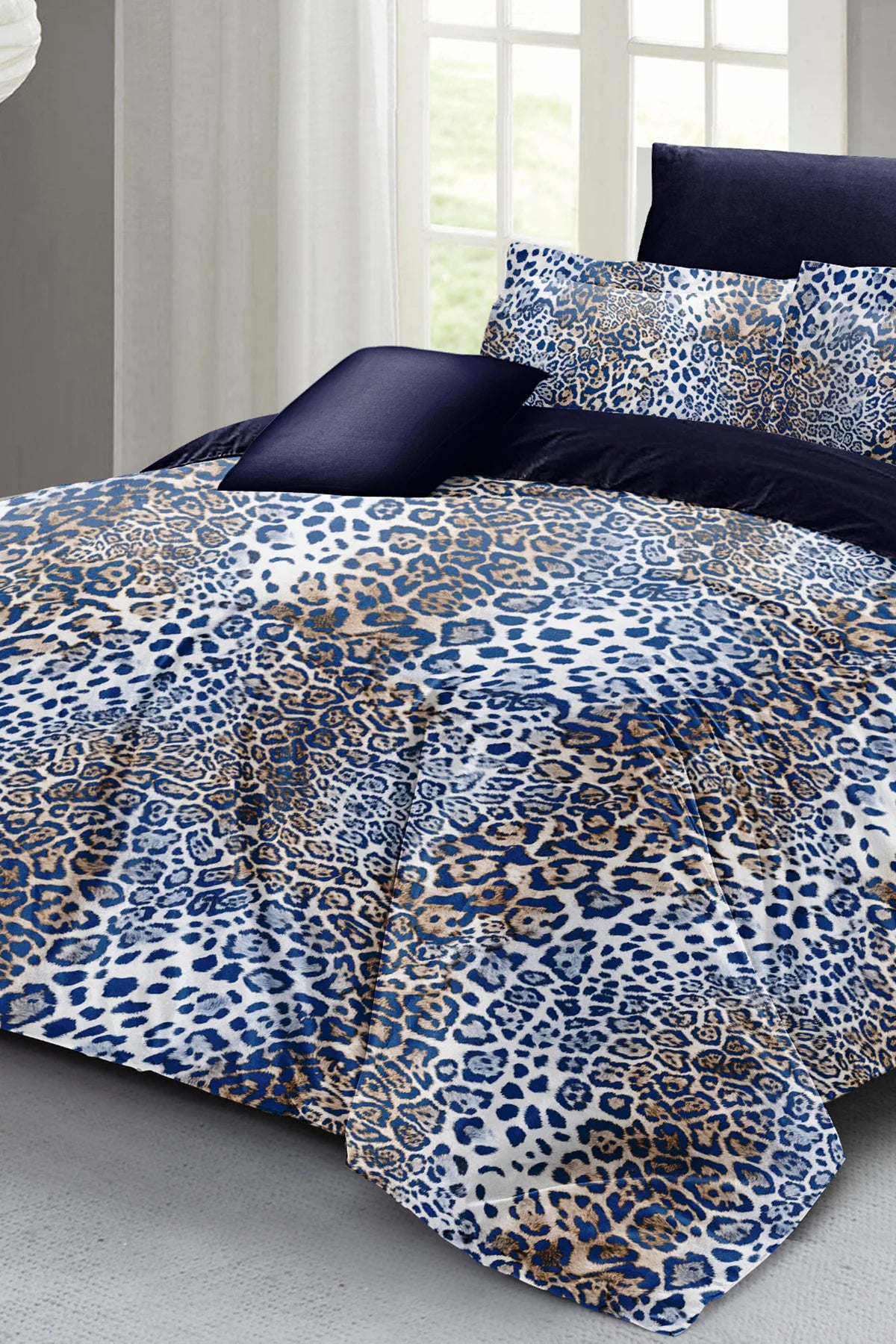 Çift Kişilik 3D Nevresim Takımı Pamuk Saten Blue Leopard