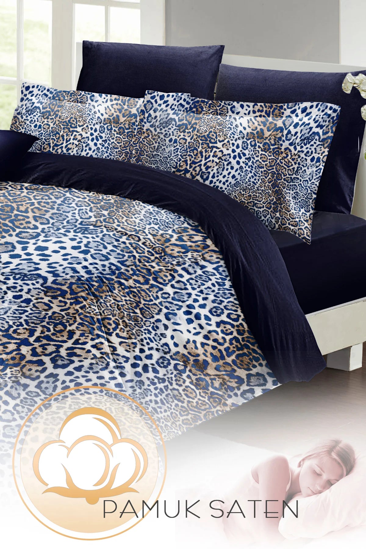 Çift Kişilik 3D Nevresim Takımı Pamuk Saten Blue Leopard