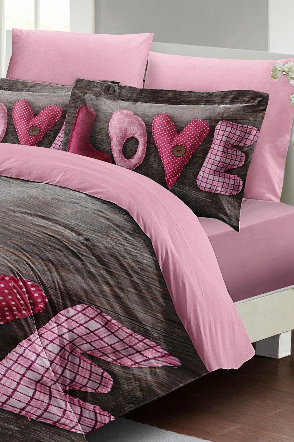 Çift Kişilik Çeyizlik Nevresim Takımı Sık Dokuma Pamuk Saten 3D Sevgililer Günü Love