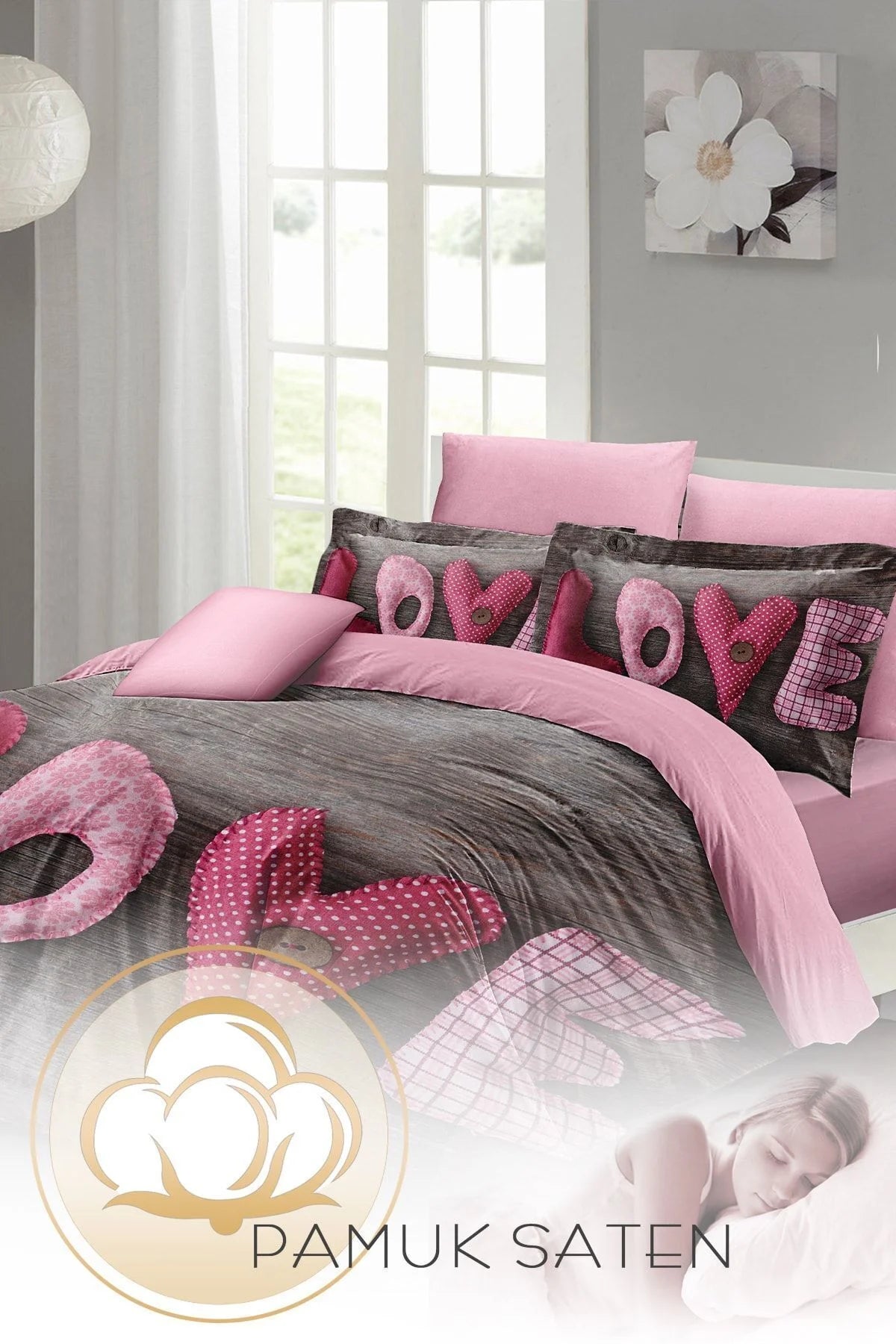 Çift Kişilik Çeyizlik Nevresim Takımı Sık Dokuma Pamuk Saten 3D Sevgililer Günü Love