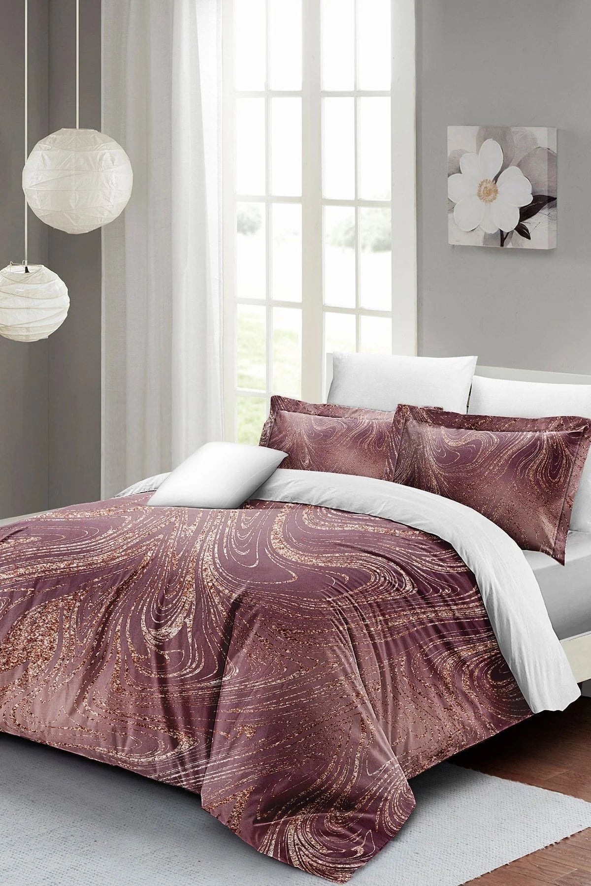 Çift Kişilik Nevresim Takımı 3D Dijital Pamuk Saten Marble Shiny