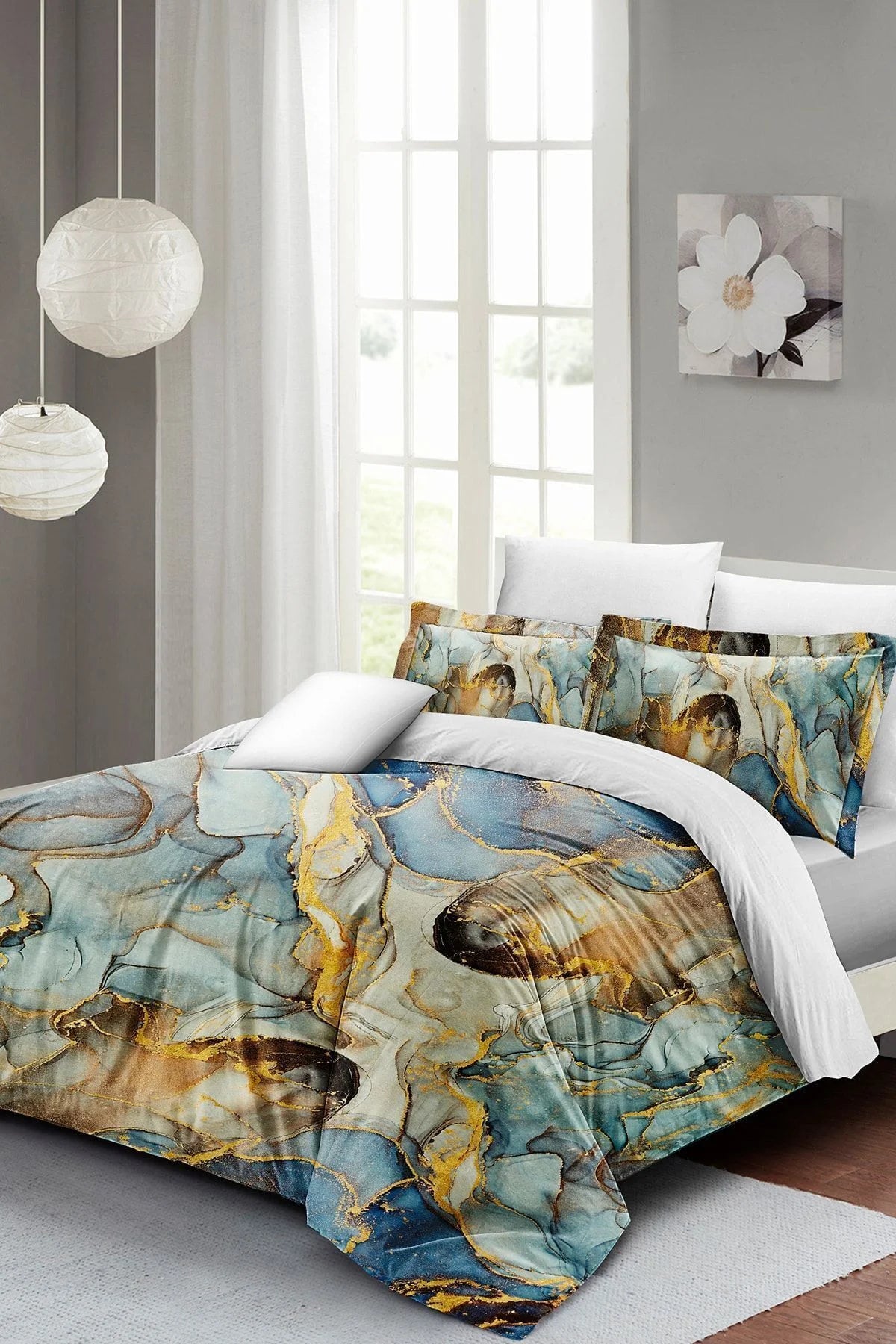 Çift Kişilik Nevresim Takımı 3D Dijital Pamuk Saten Marble Shiny