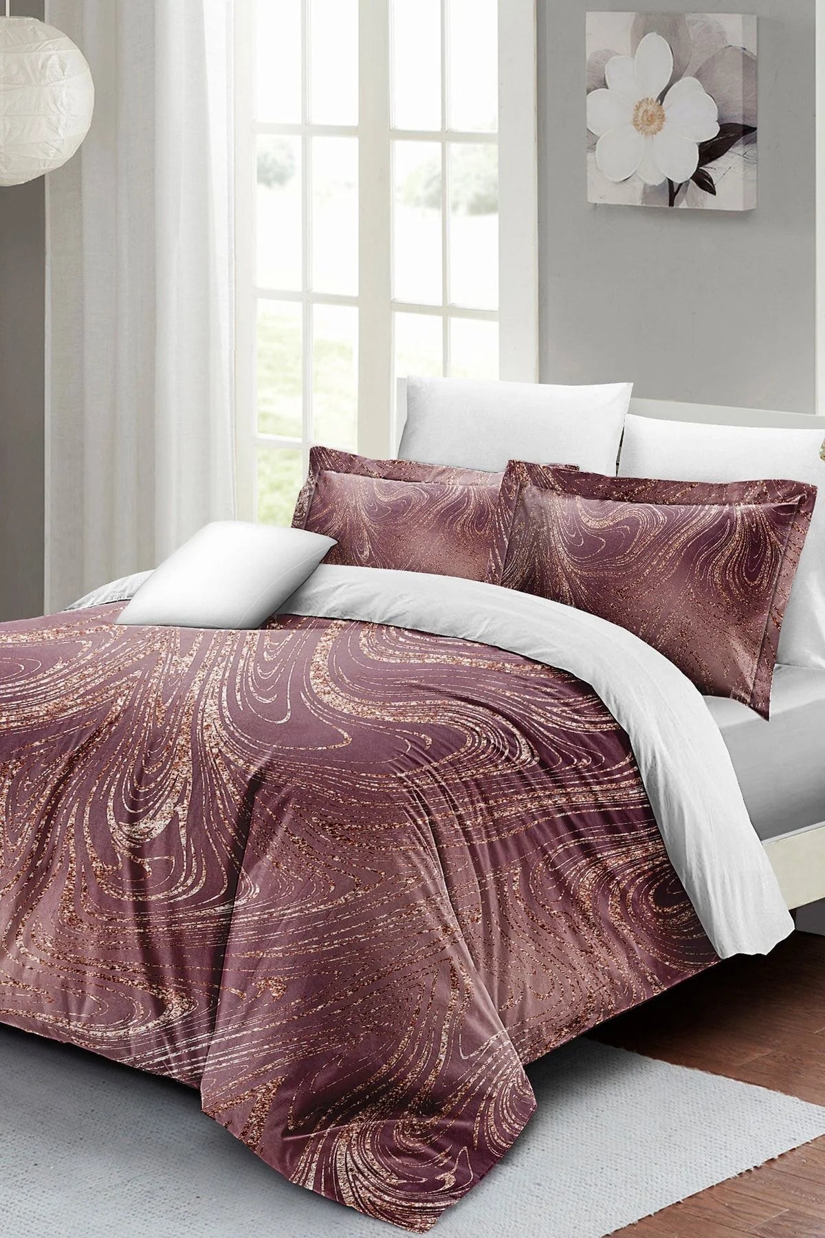 Çift Kişilik Nevresim Takımı 3D Dijital Pamuk Saten Marble Shiny
