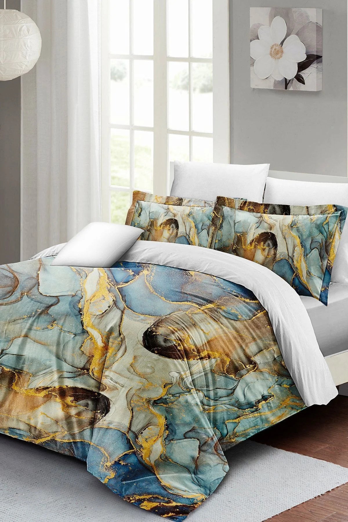 Çift Kişilik Nevresim Takımı 3D Dijital Pamuk Saten Marble Shiny