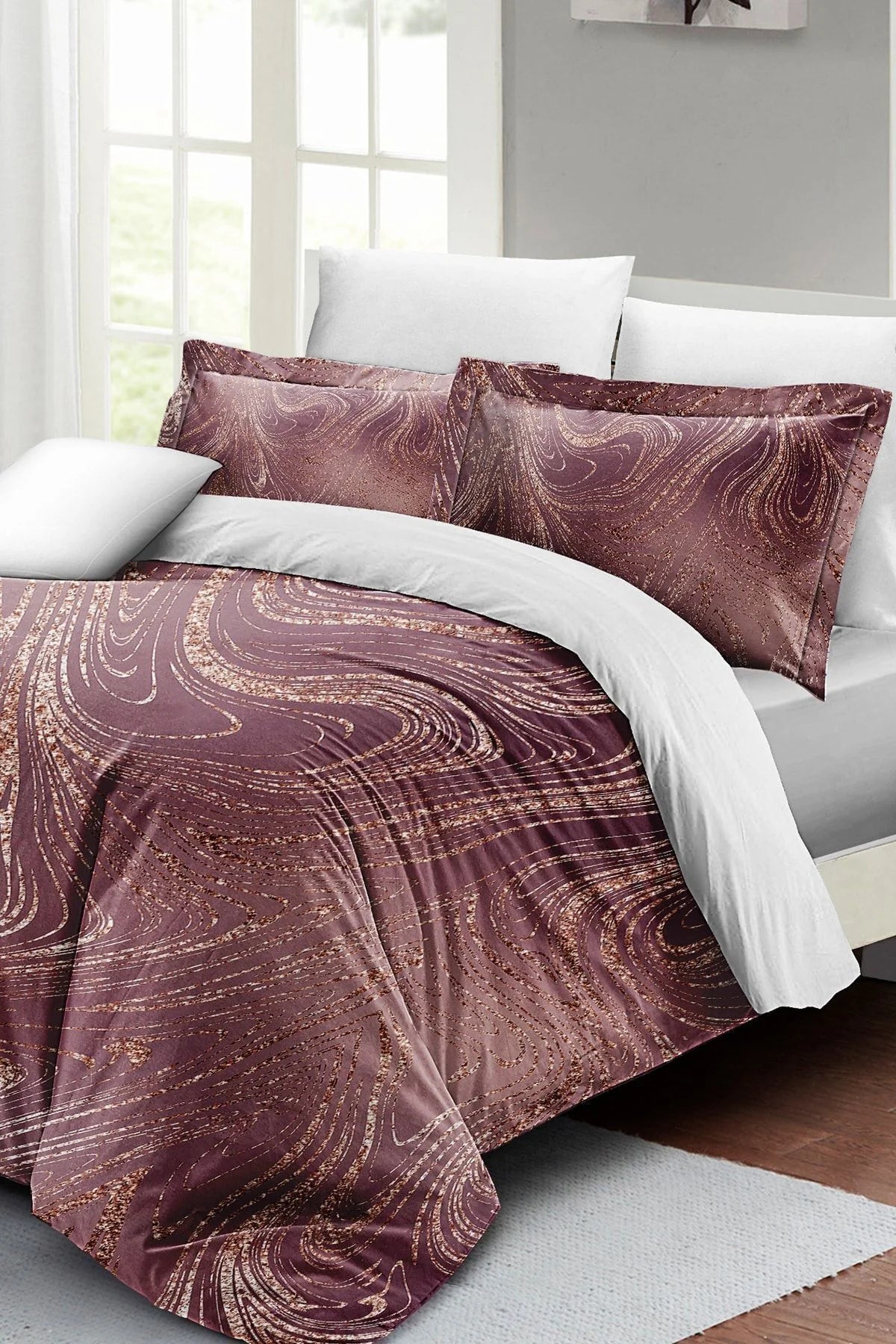Çift Kişilik Nevresim Takımı 3D Dijital Pamuk Saten Marble Shiny