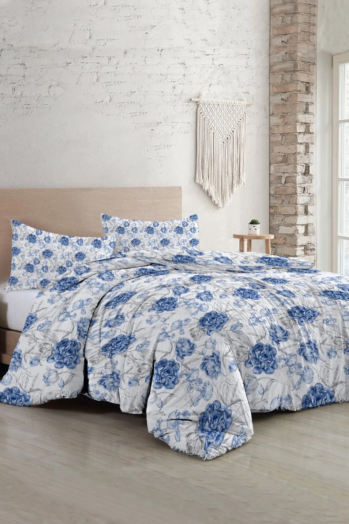 Çift Kişilik Nevresim Takımı Özel Dokuma Pamuk Saten Tuval Koleksiyonu Shadow Flowers Blue