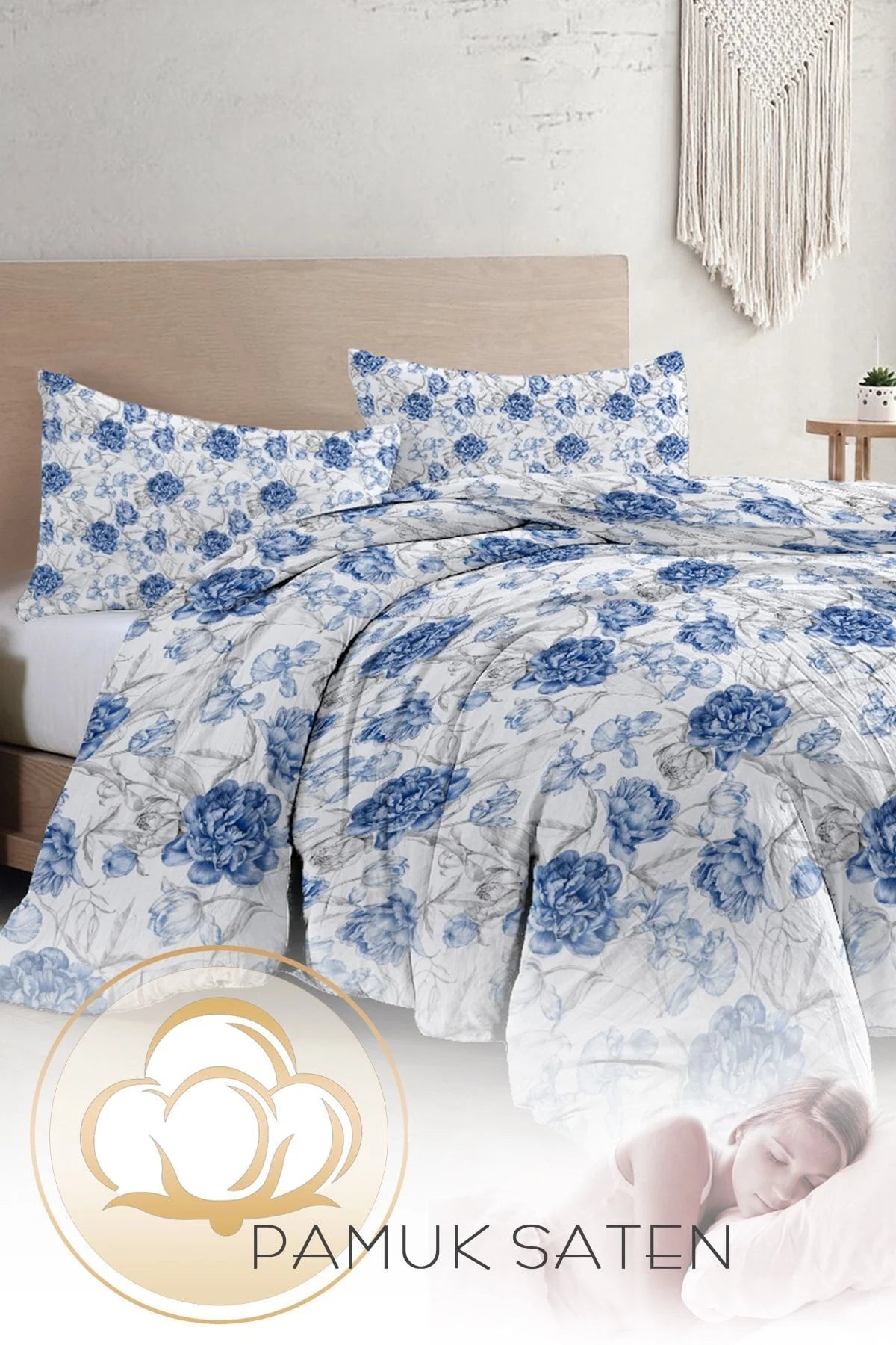 Çift Kişilik Nevresim Takımı Özel Dokuma Pamuk Saten Tuval Koleksiyonu Shadow Flowers Blue