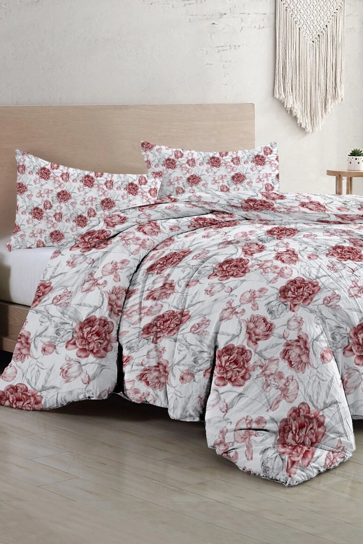 Çift Kişilik Nevresim Takımı Özel Dokuma Pamuk Saten Tuval Koleksiyonu Shadow Flowers Red