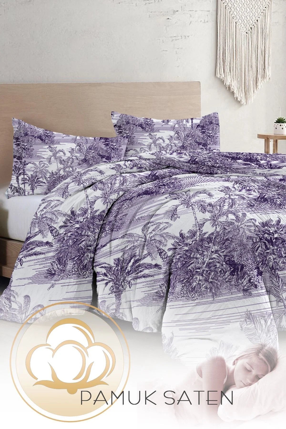 Çift Kişilik Nevresim Takımı Özel Dokuma Pamuk Saten Tuval Koleksiyonu Tropical Island Purple