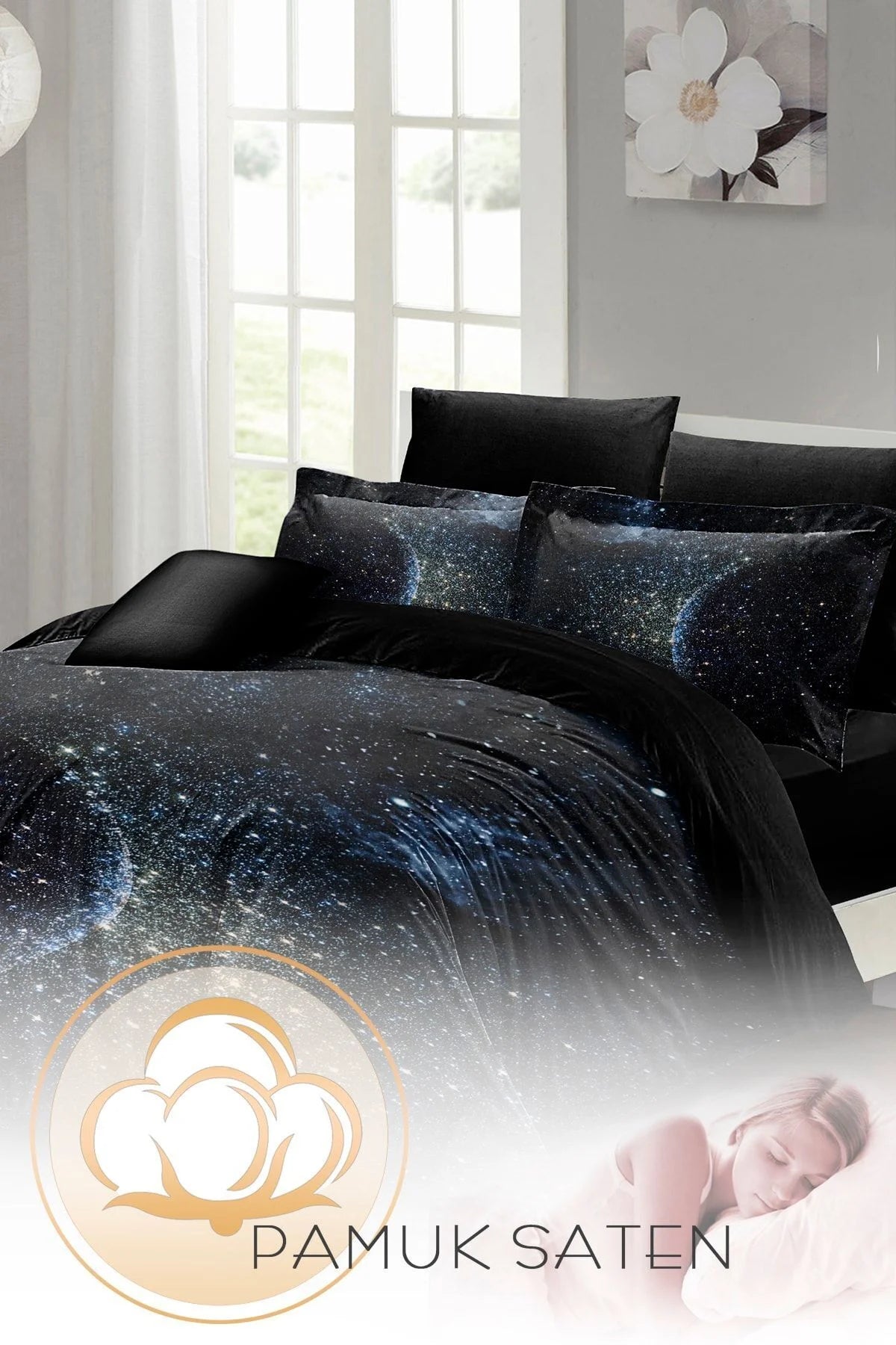 Çift Kişilik Nevresim Takımı Sık Dokuma Pamuk Saten 3D Özel Tasarım Star Moon