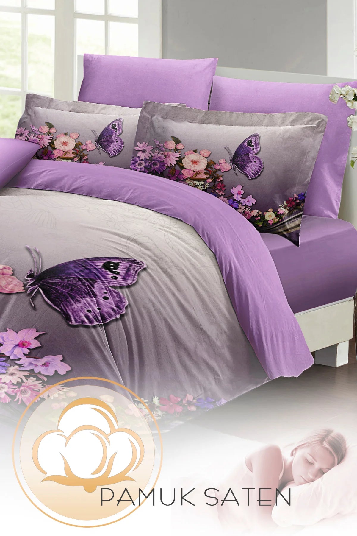 Çift Kişilik %100 Pamuk Saten Nevresim Takımı Butterfly – Anneler Günü Özel Dokuma