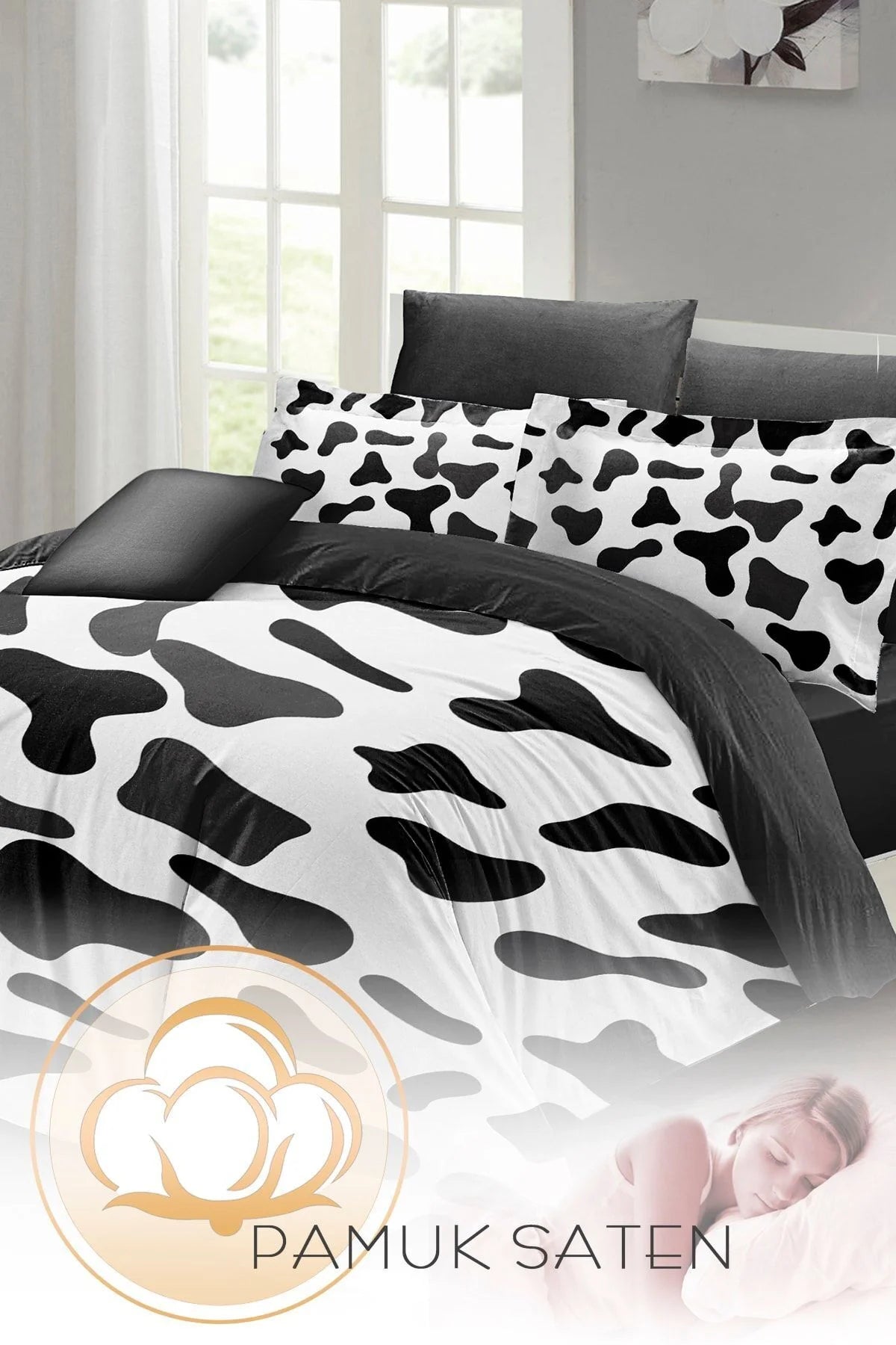 Cow 3D Pamuk Saten Çift Kişilik Nevresim Takımı