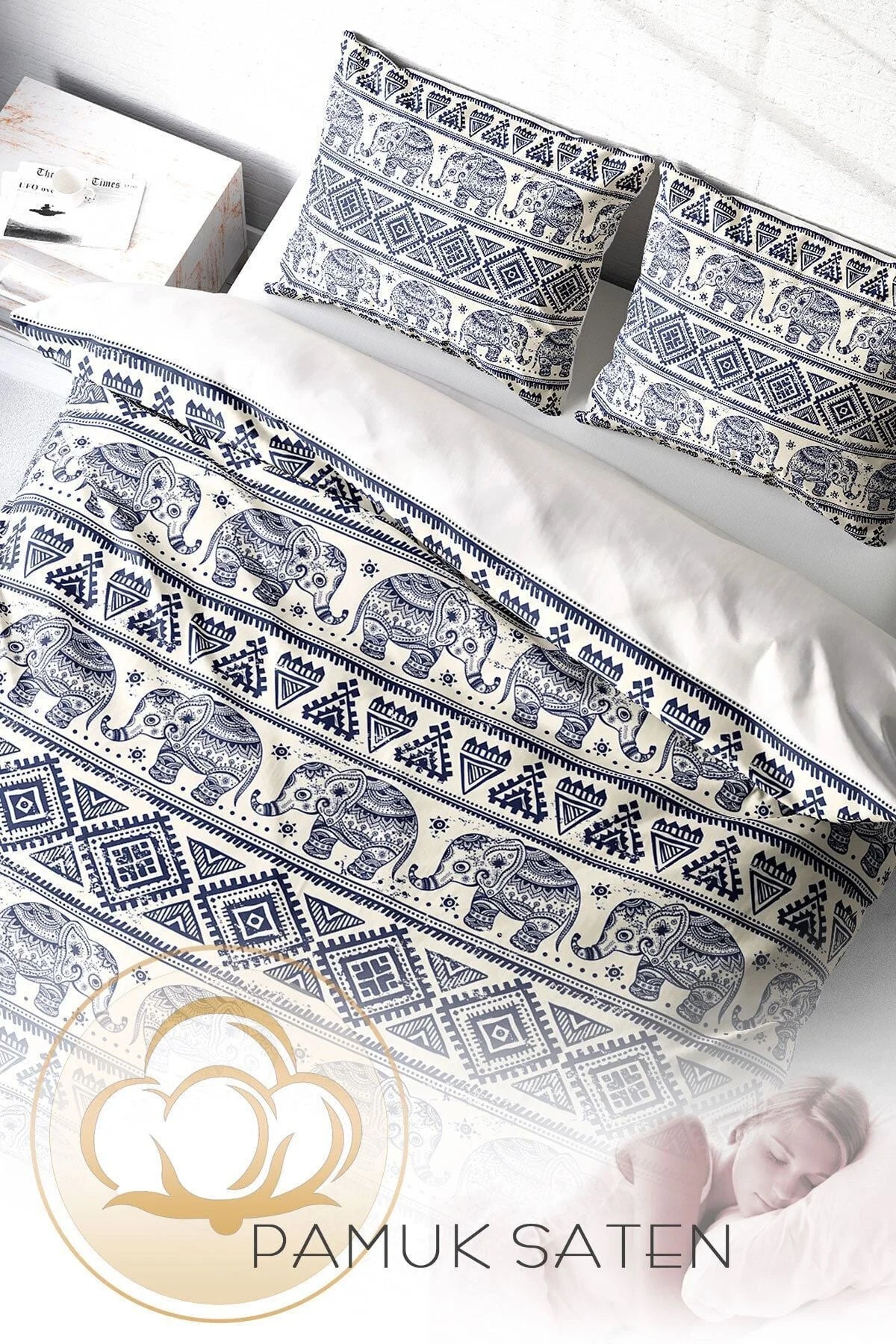 Ethnic Elephant 3D Pamuk Saten Çift Kişilik Nevresim Takımı
