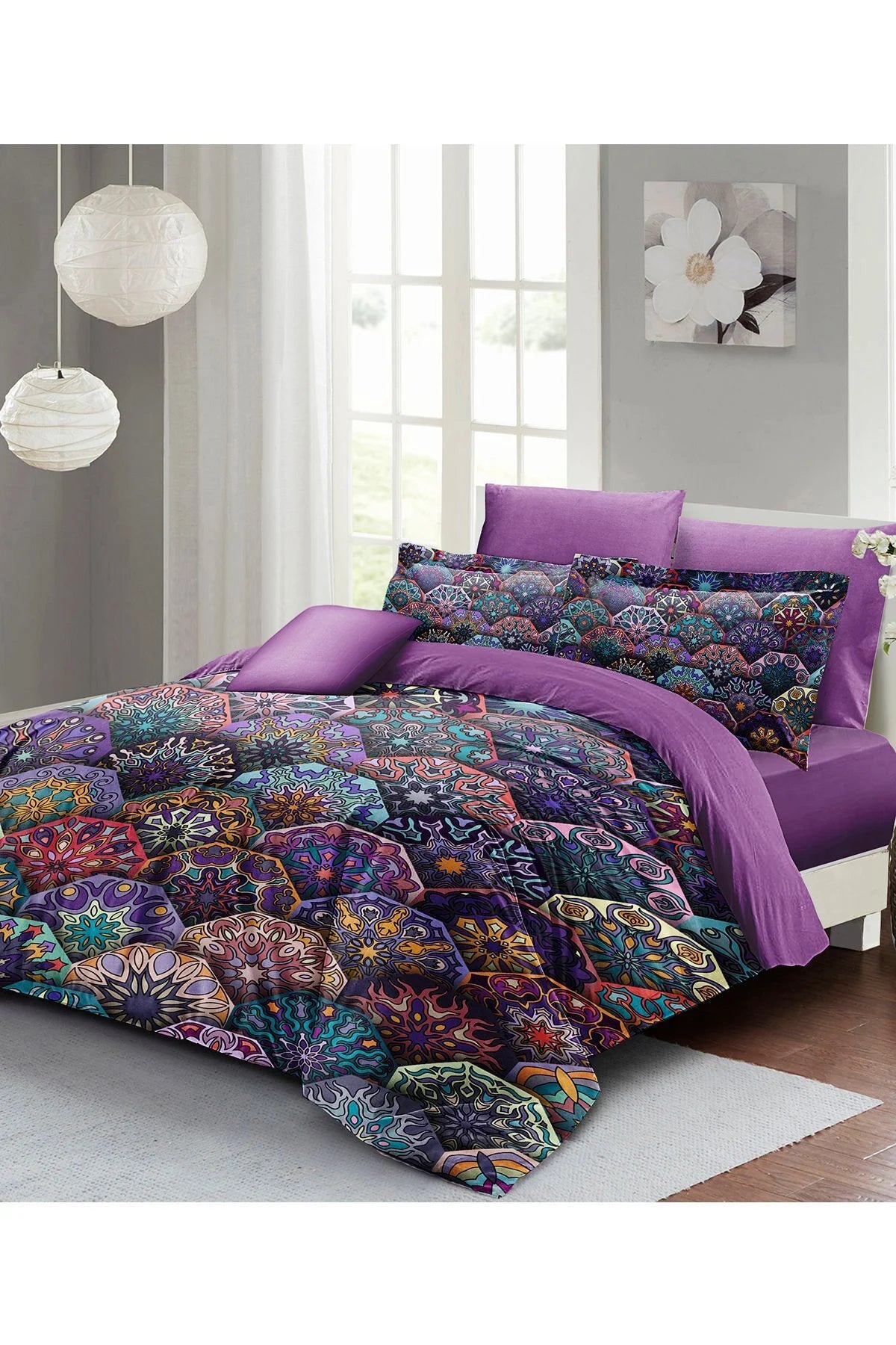 Ethnic Purple 3D Pamuk Saten Çift Kişilik Nevresim Takımı
