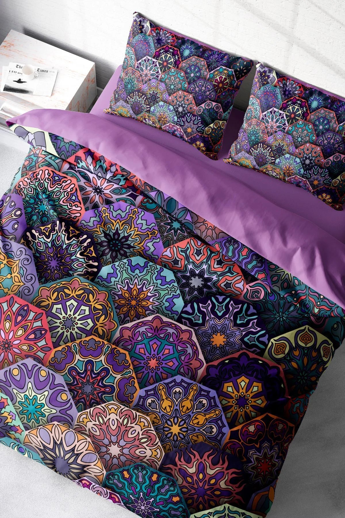 Ethnic Purple 3D Pamuk Saten Çift Kişilik Nevresim Takımı