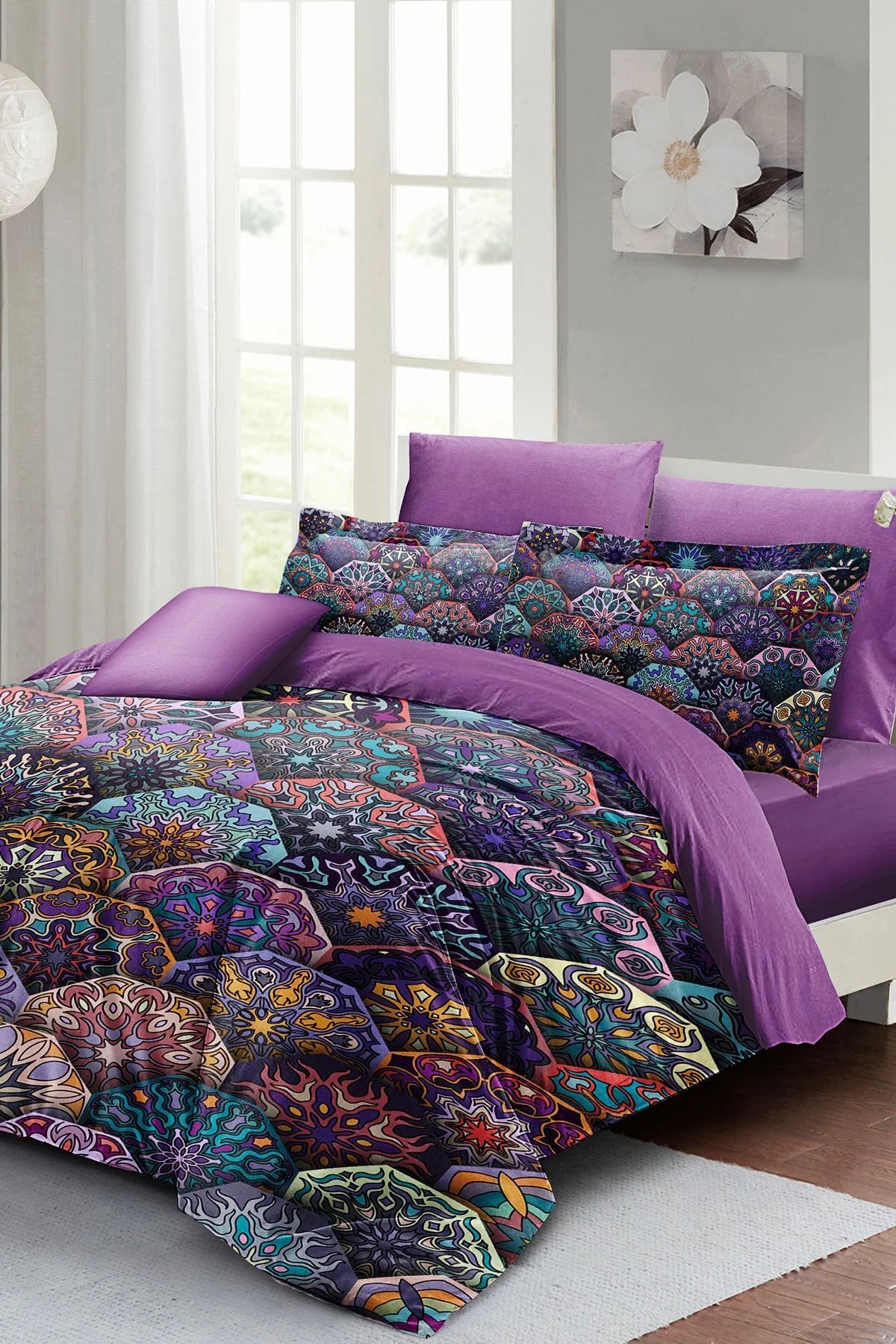 Ethnic Purple 3D Pamuk Saten Çift Kişilik Nevresim Takımı
