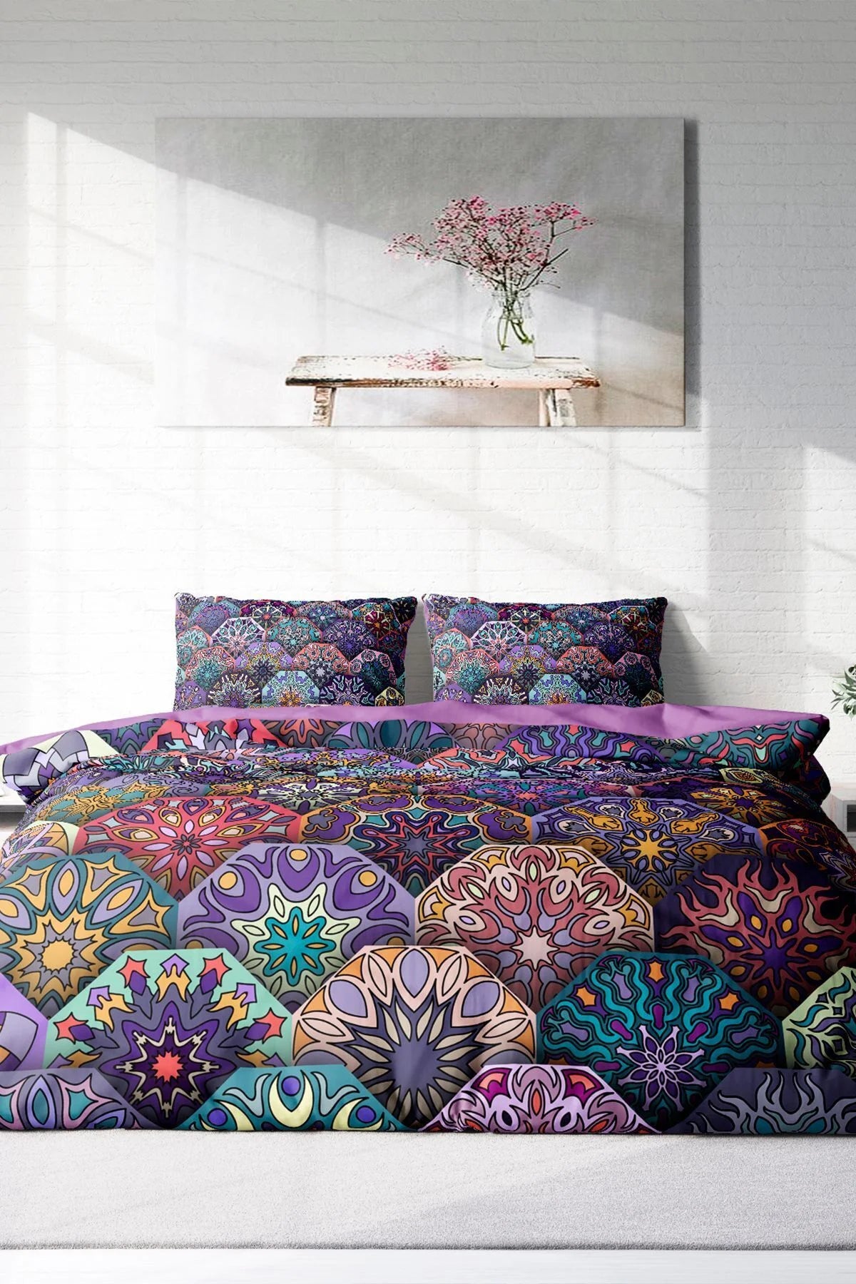 Ethnic Purple 3D Pamuk Saten Çift Kişilik Nevresim Takımı