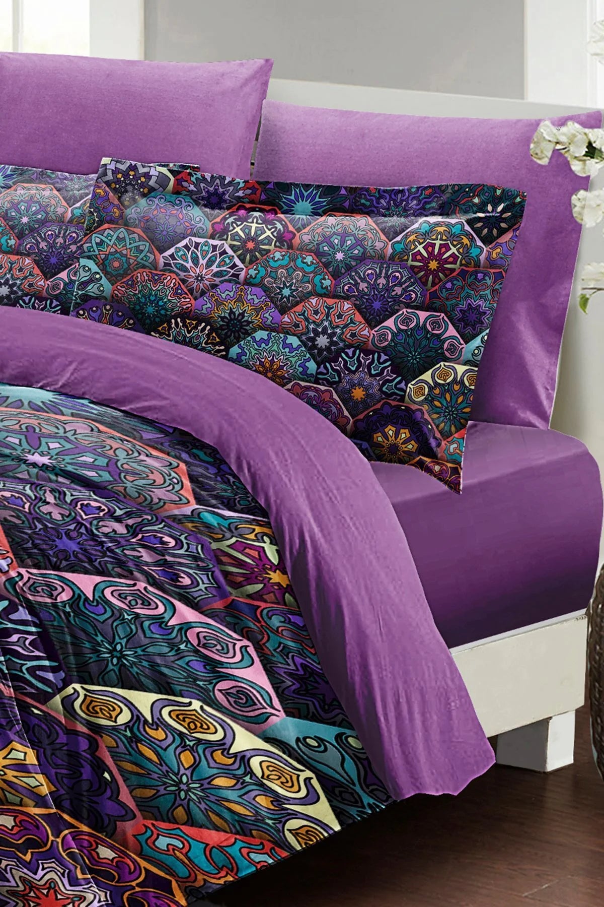 Ethnic Purple 3D Pamuk Saten Çift Kişilik Nevresim Takımı