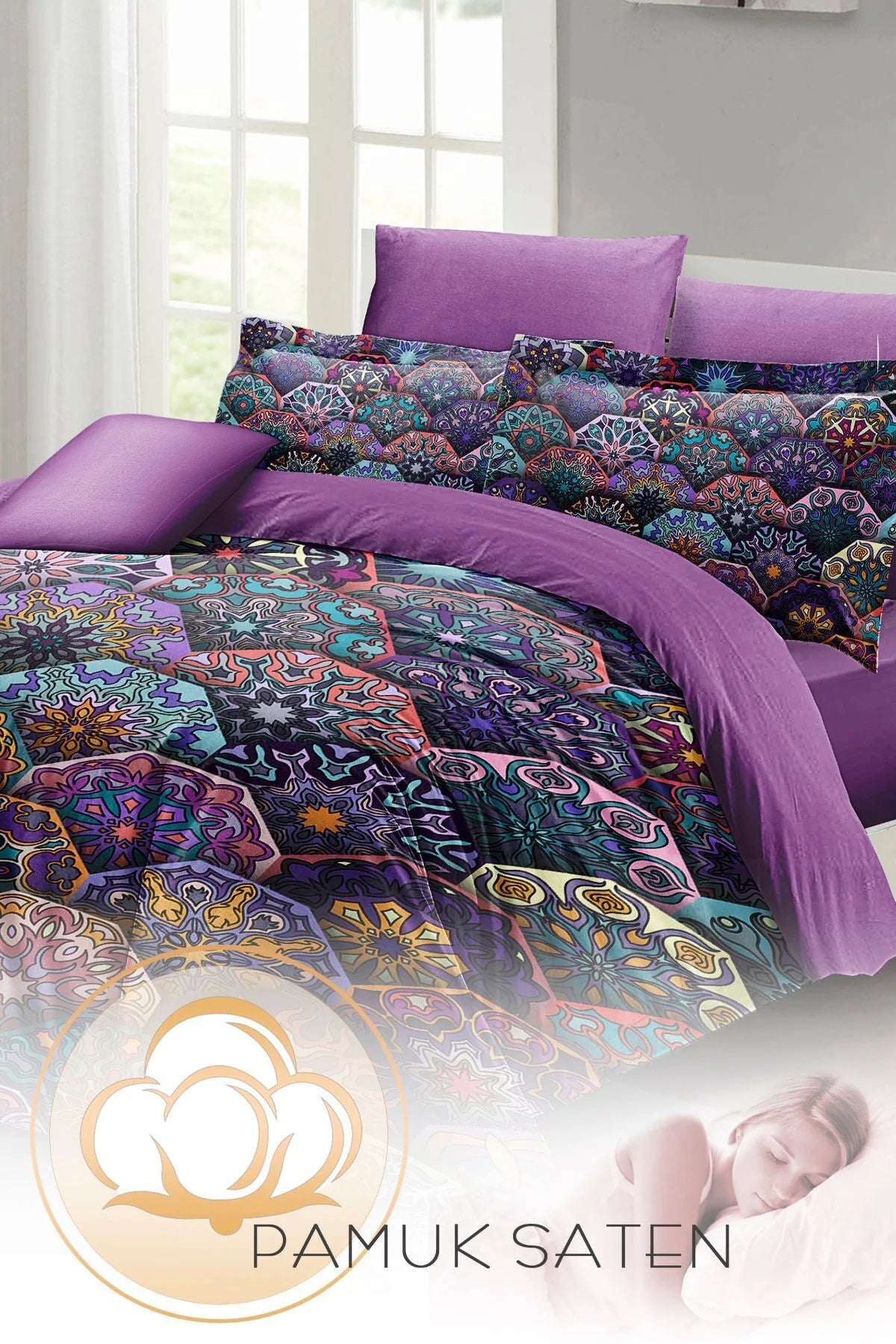Ethnic Purple 3D Pamuk Saten Çift Kişilik Nevresim Takımı