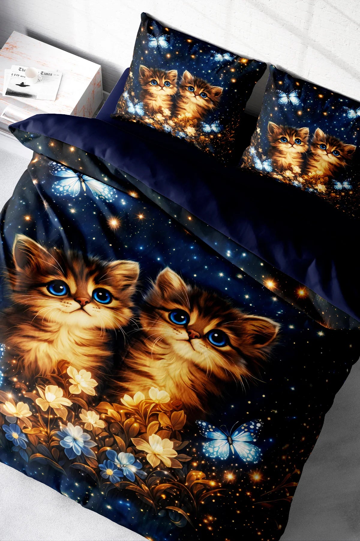 Galaksi Kedi Desenli 5D Dijital Baskı Pamuk Saten Nevresim Takımı – Çift Kişilik