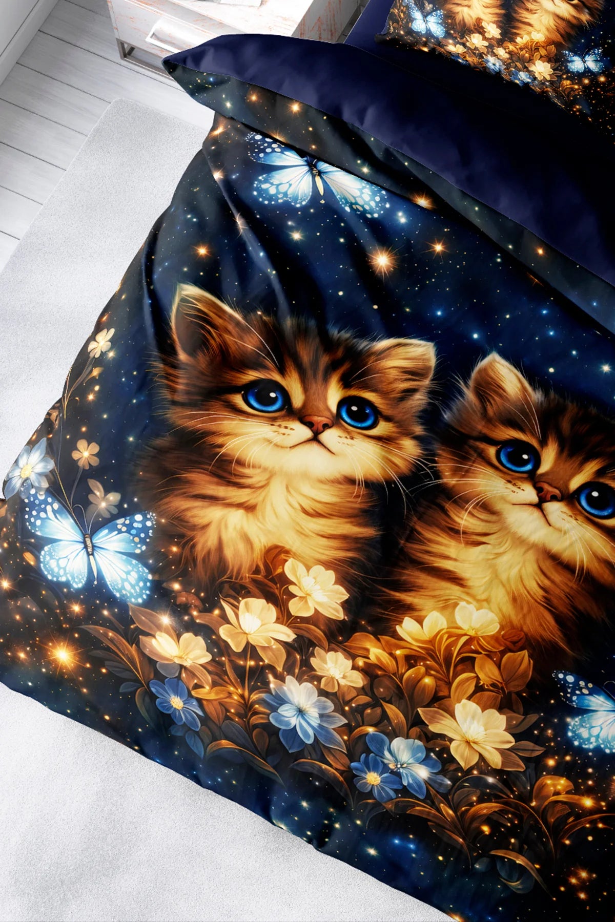 Galaksi Kedi Desenli 5D Dijital Baskı Pamuk Saten Nevresim Takımı – Çift Kişilik