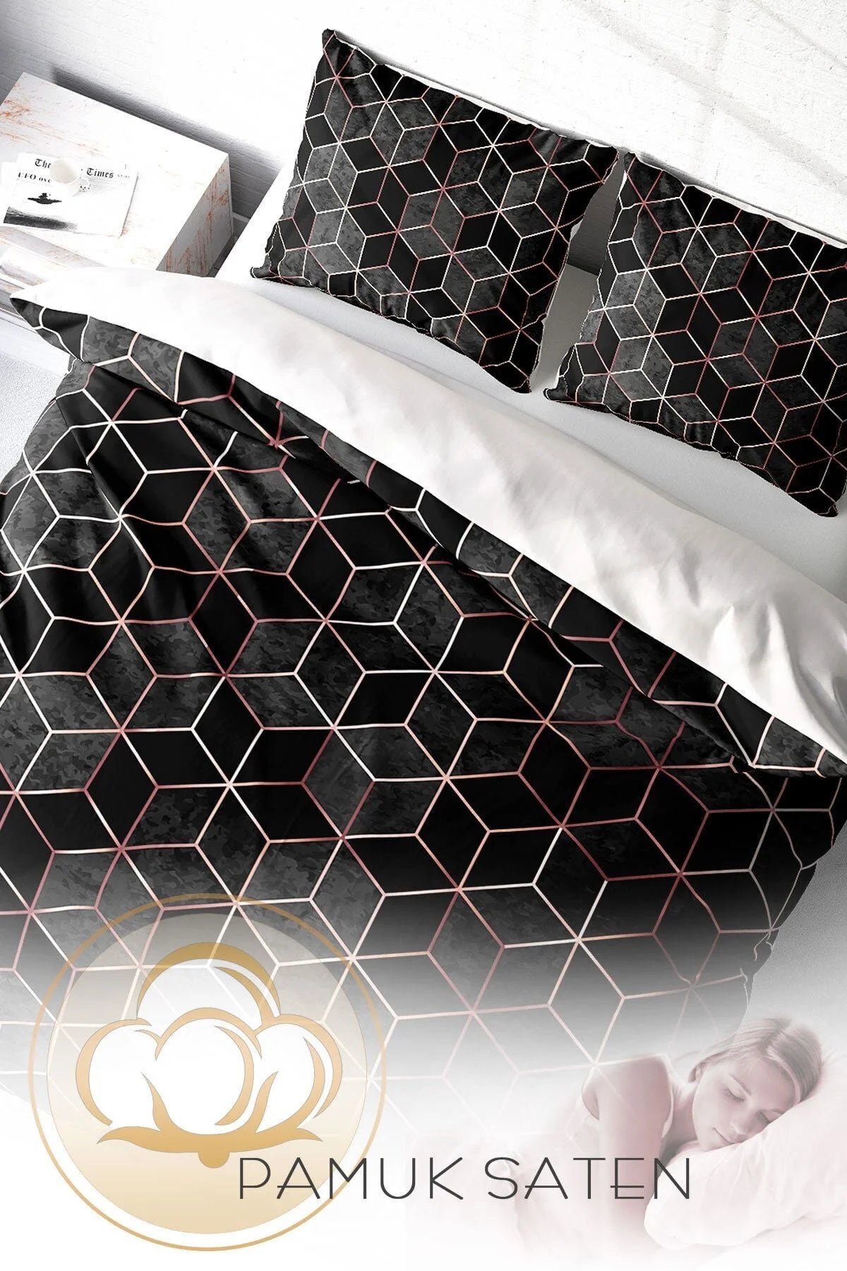 Gold Cube 3D Pamuk Saten Çift Kişilik Nevresim Takımı