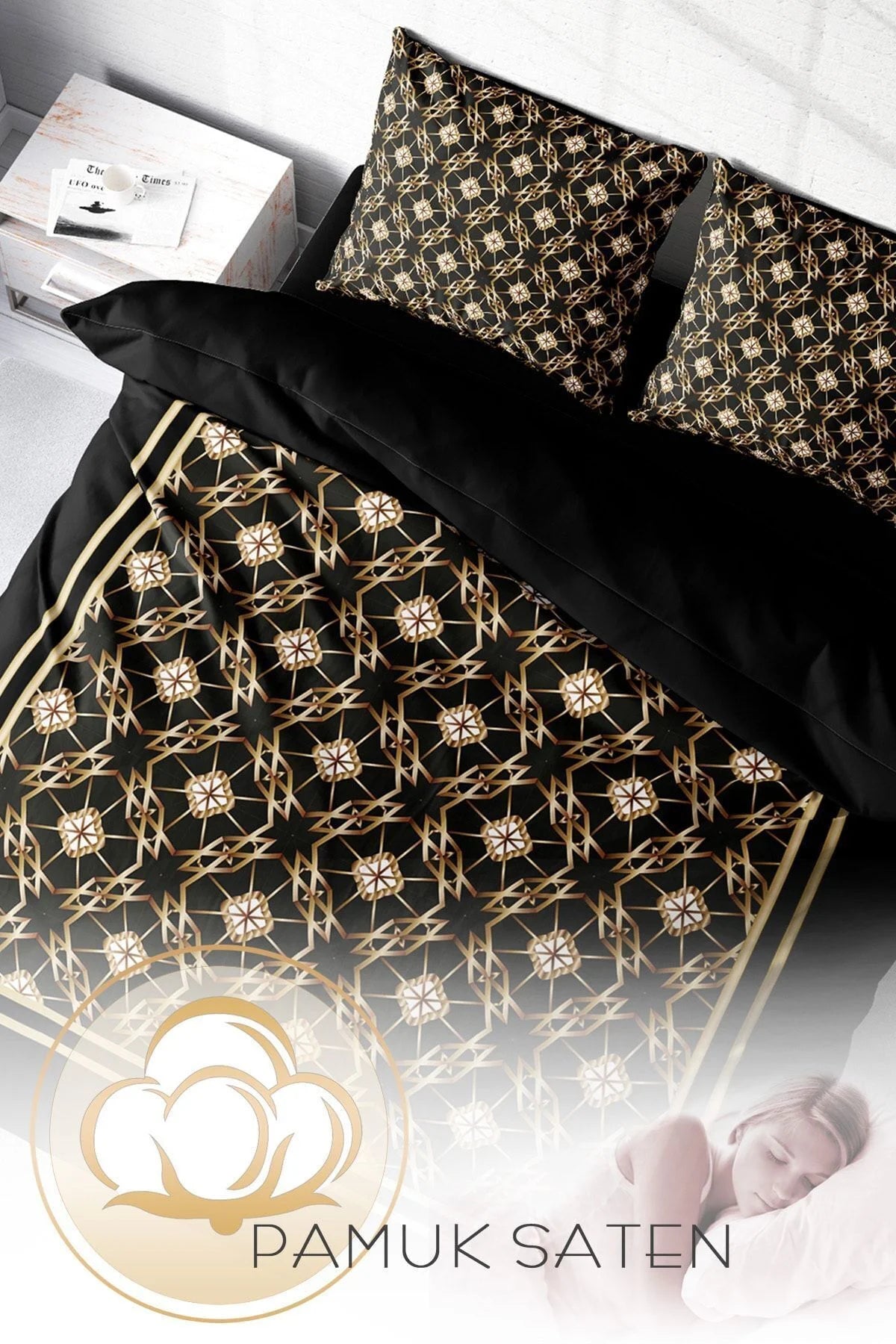 Gold Deco 3D Pamuk Saten Çift Kişilik Nevresim Takımı