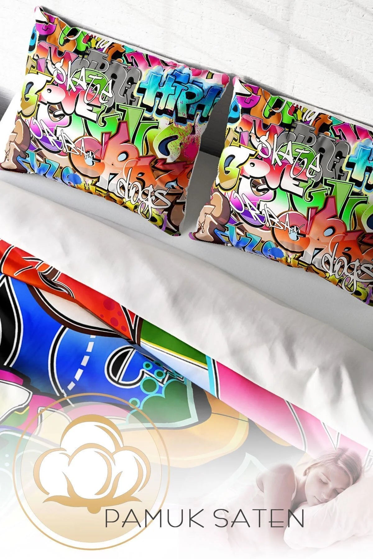 Graffiti 3D Pamuk Saten Çift Kişilik Nevresim Takımı
