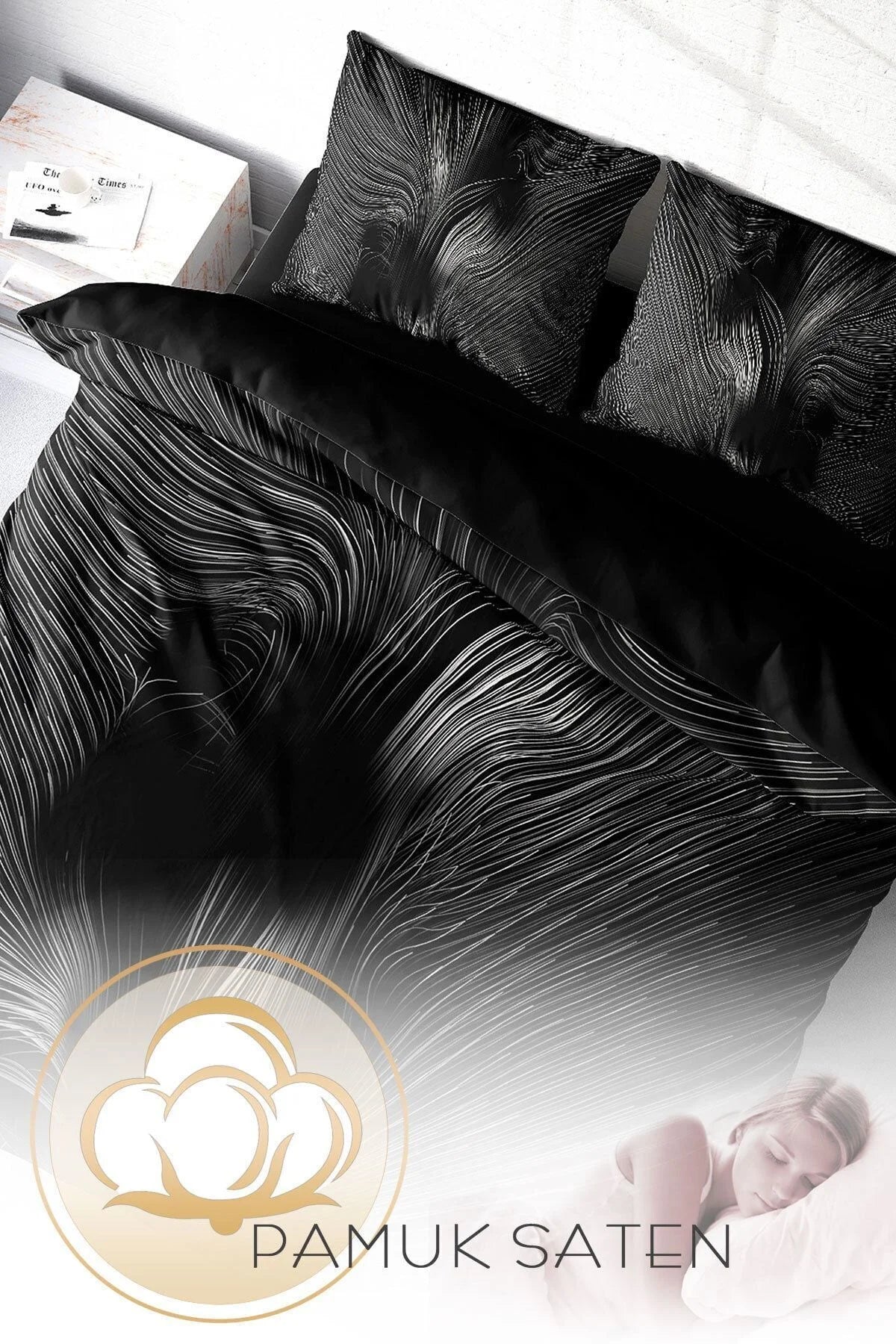 Gray Motion 3D Pamuk Saten Çift Kişilik Nevresim Takımı