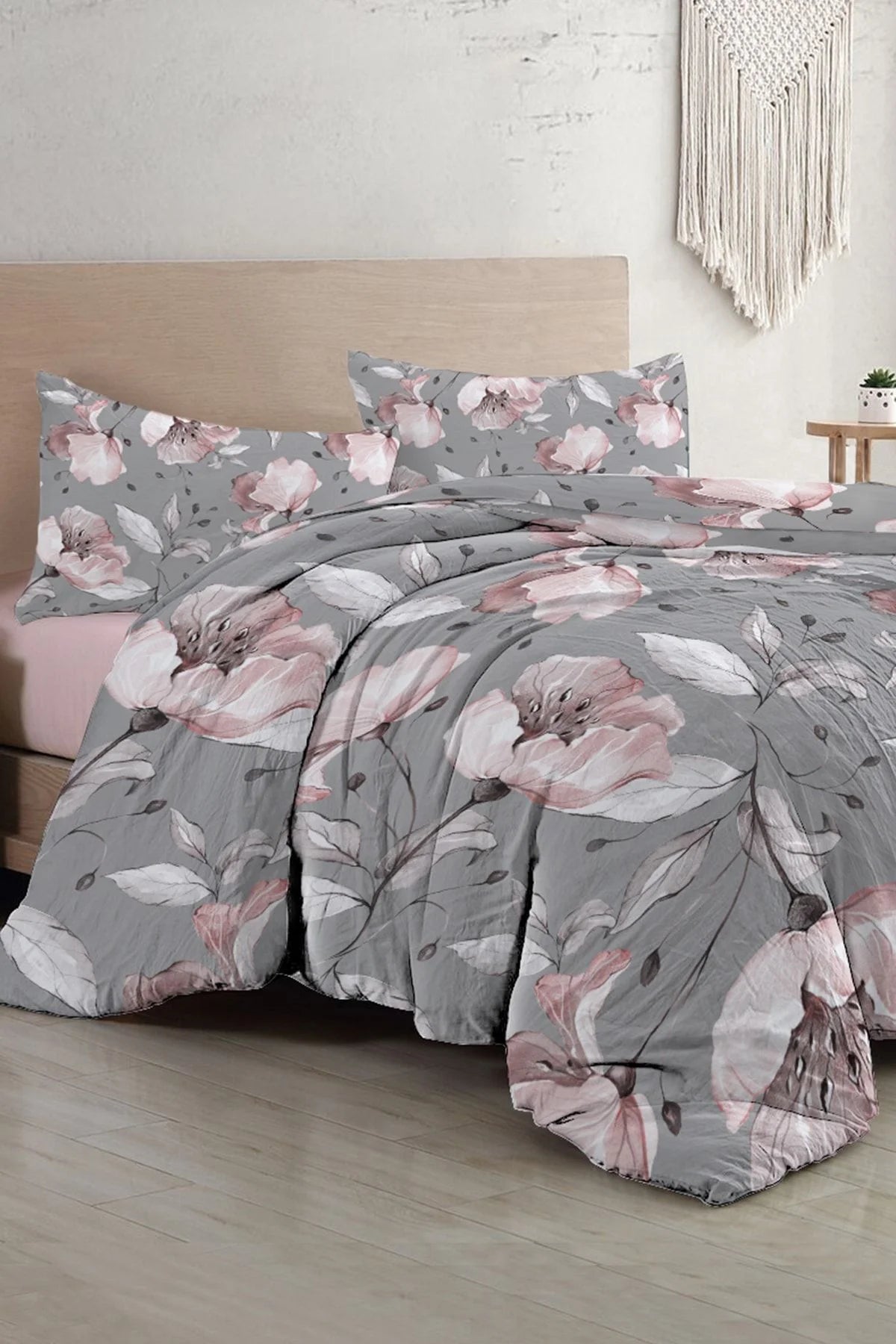 Gray Rose Çift Kişilik Nevresim Takımı 3D Pamuk Saten