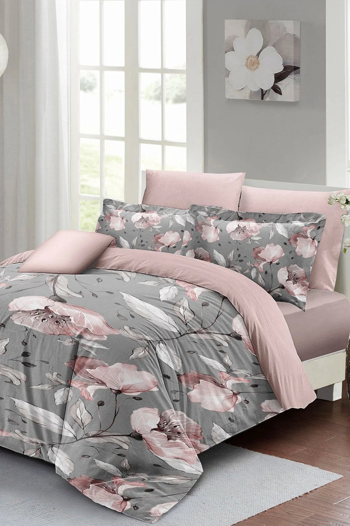 Gray Rose Çift Kişilik Nevresim Takımı 3D Pamuk Saten
