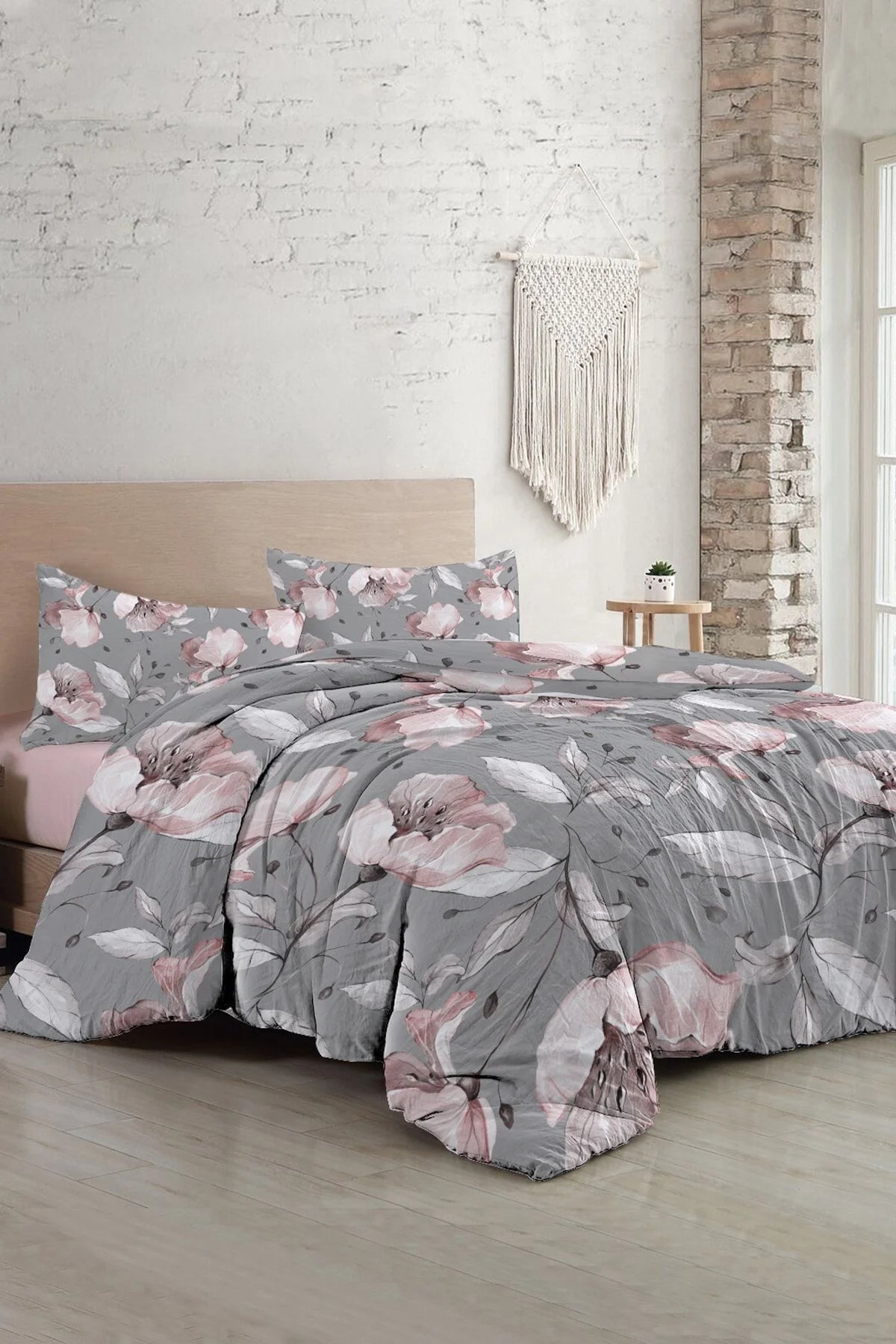 Gray Rose Çift Kişilik Nevresim Takımı 3D Pamuk Saten