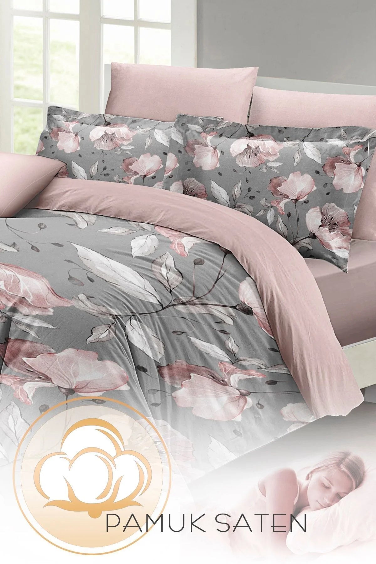 Gray Rose Çift Kişilik Nevresim Takımı 3D Pamuk Saten