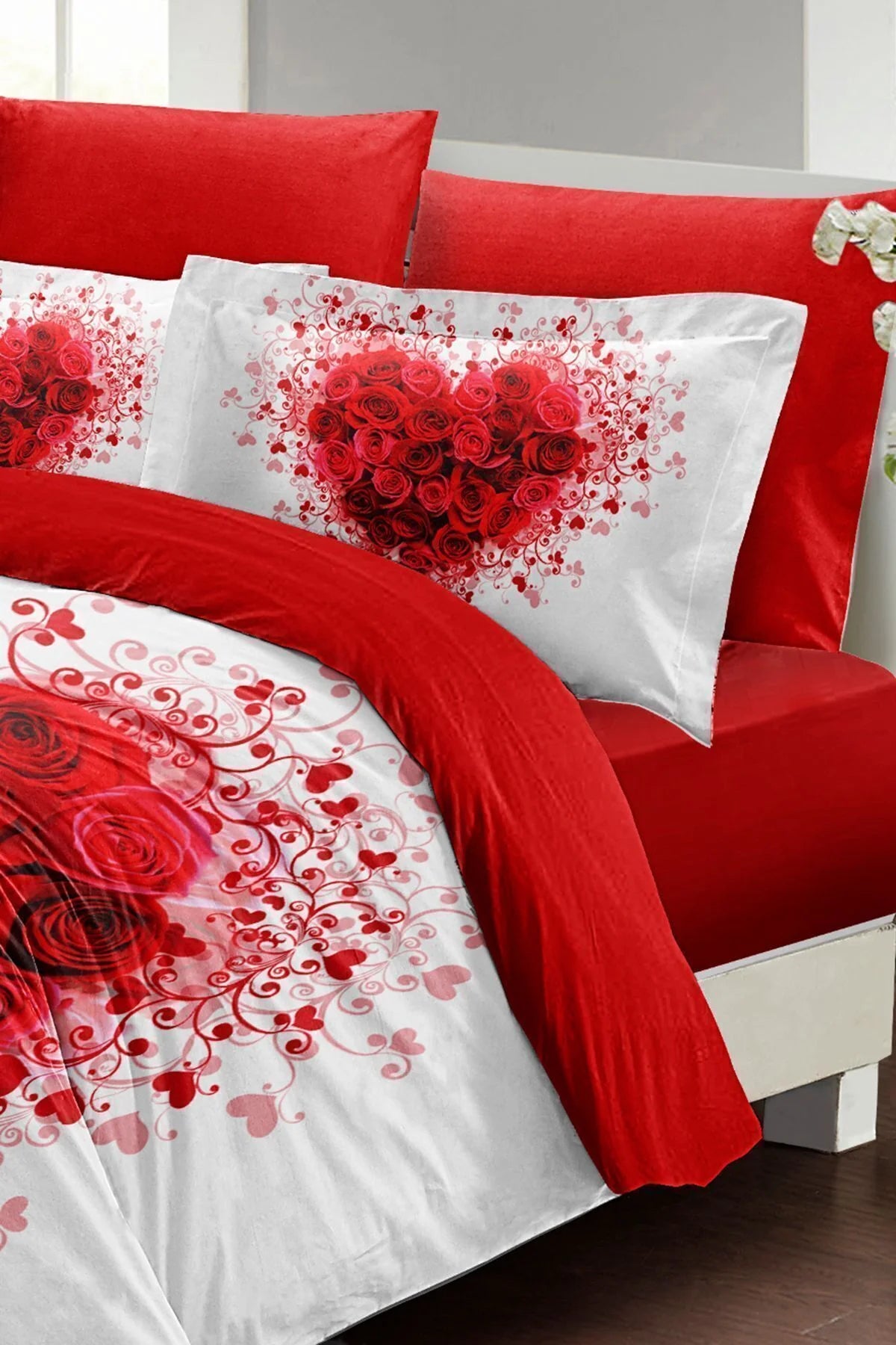 Kalpli Nevresim 3D Dijital Özel Tasarım Pamuk Saten Çift Kişilik Rose Heart