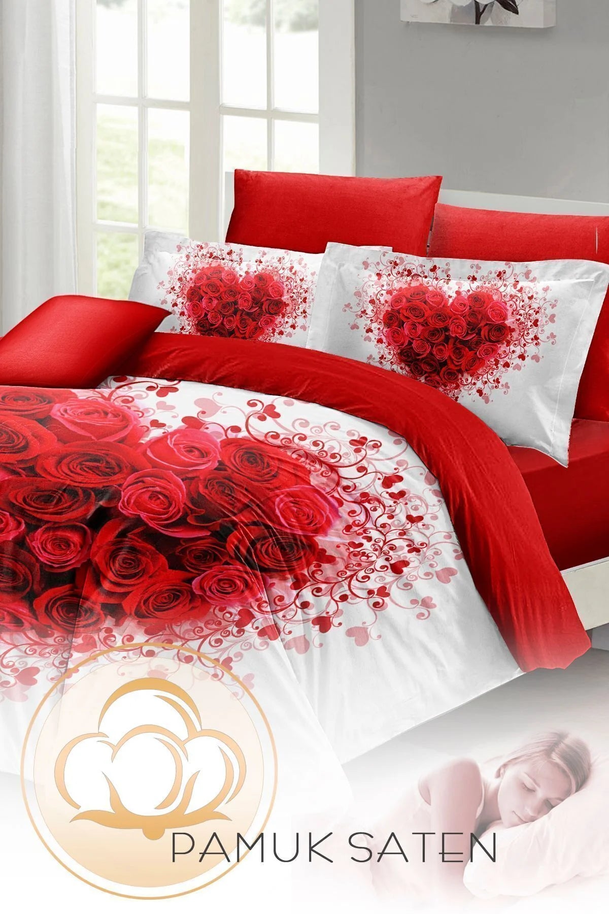 Kalpli Nevresim 3D Dijital Özel Tasarım Pamuk Saten Çift Kişilik Rose Heart