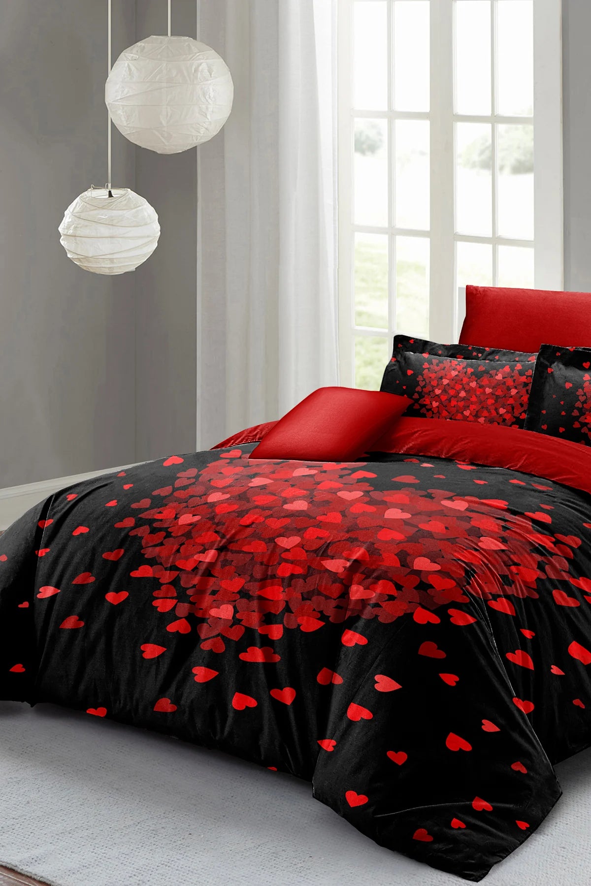 Kalpli Nevresim Çift Kişilik Çeyizlik Özel Tasarım Pamuk Saten Heart Black