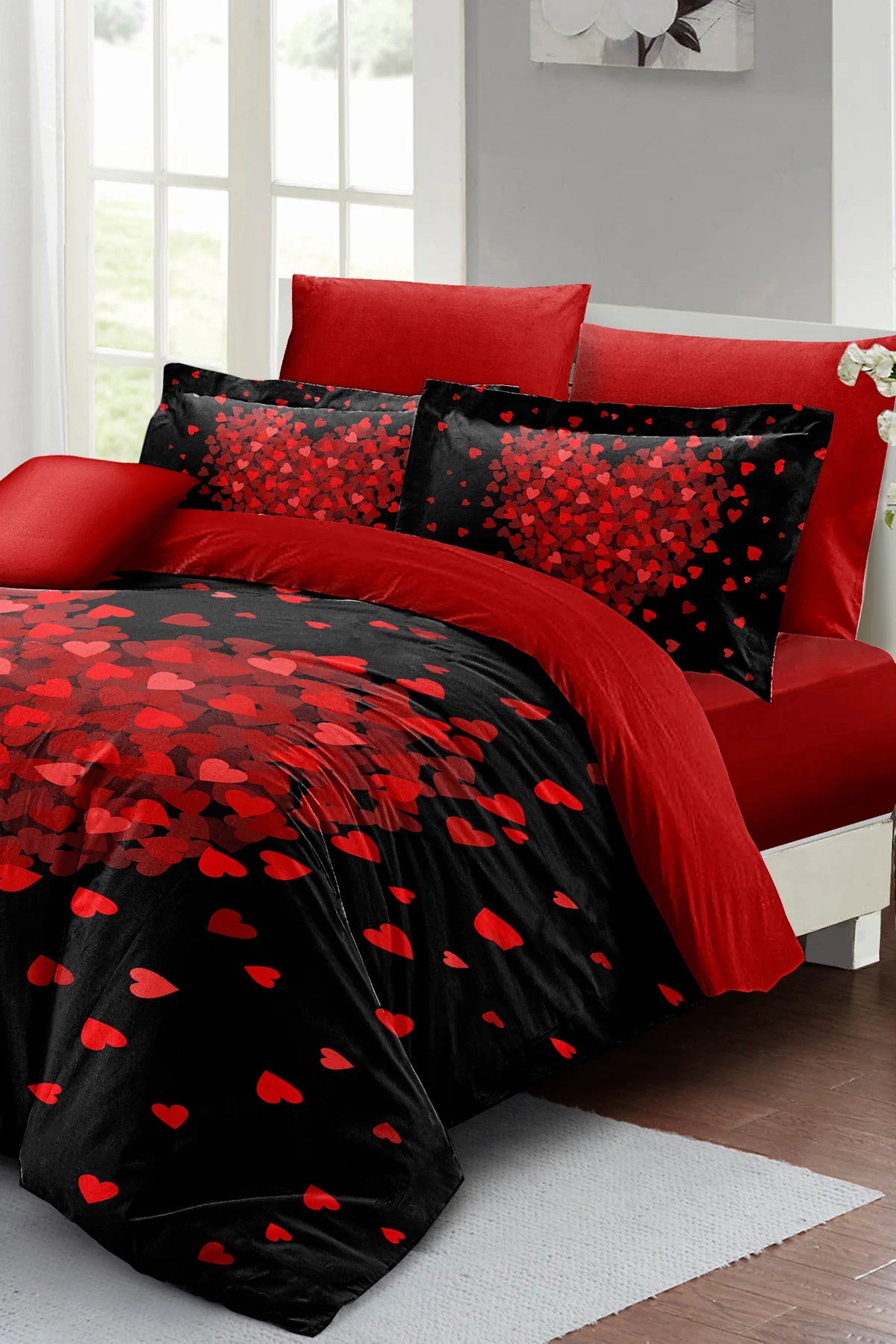 Kalpli Nevresim Çift Kişilik Çeyizlik Özel Tasarım Pamuk Saten Heart Black