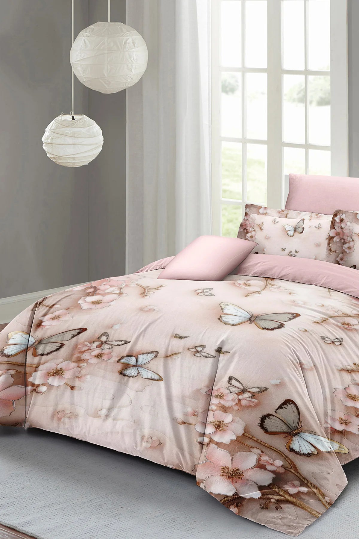 Kelebek Desenli 5D Dijital Pamuk Saten Nevresim Takımı – Çift Kişilik