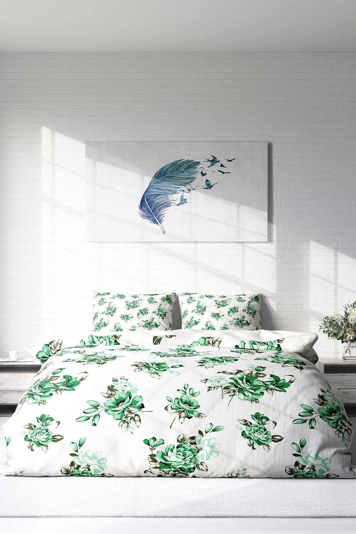 King Size Green Garden Naturel Çift Kişilik Nevresim Takımı