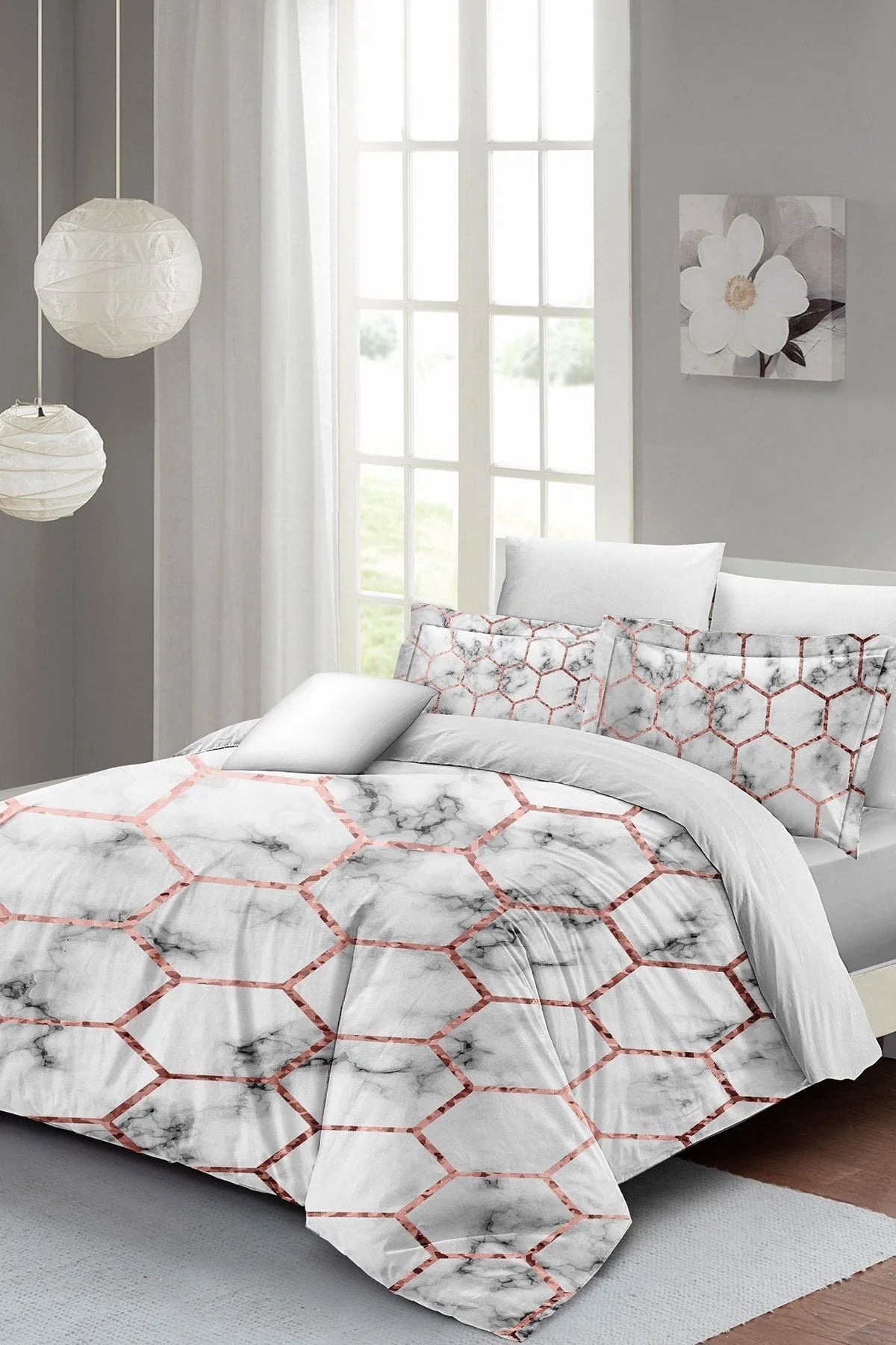 King Size Marble Geo Çift Kişilik Nevresim Takımı 3D Pamuk Saten