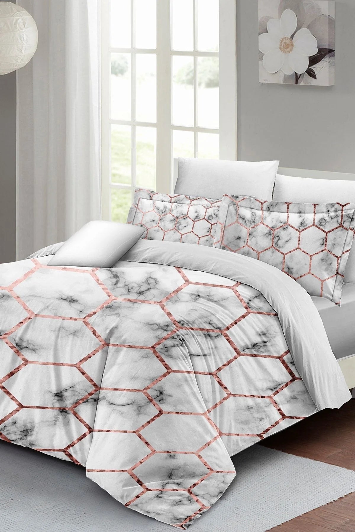King Size Marble Geo Çift Kişilik Nevresim Takımı 3D Pamuk Saten