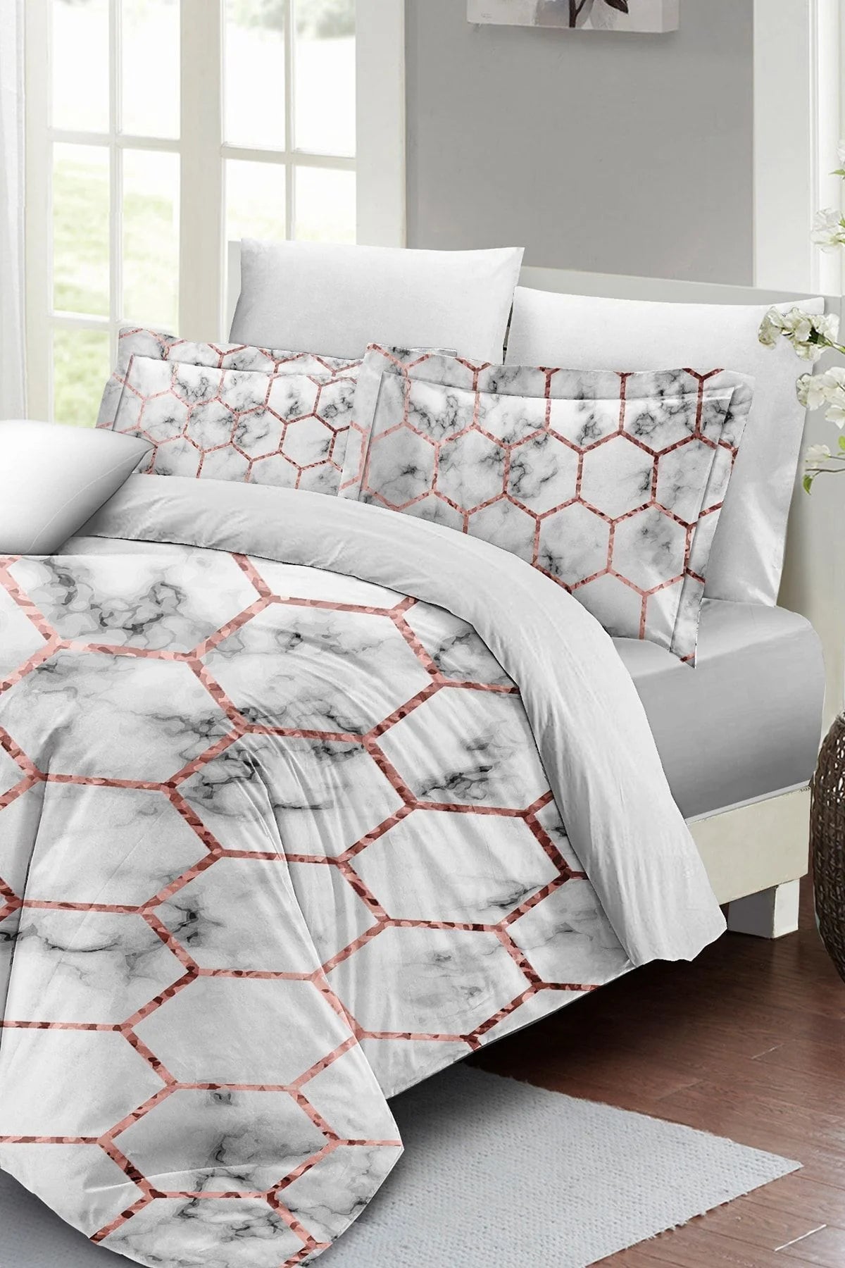 King Size Marble Geo Çift Kişilik Nevresim Takımı 3D Pamuk Saten