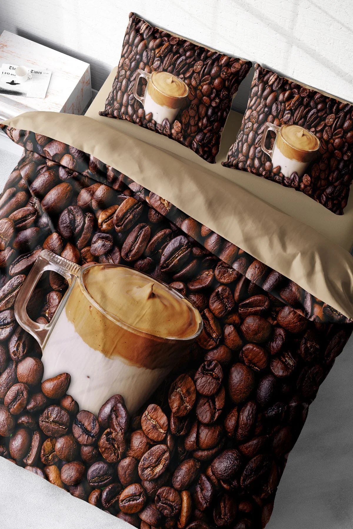 King Size Night Coffee 3D Pamuk Saten Çift Kişilik Nevresim Takımı