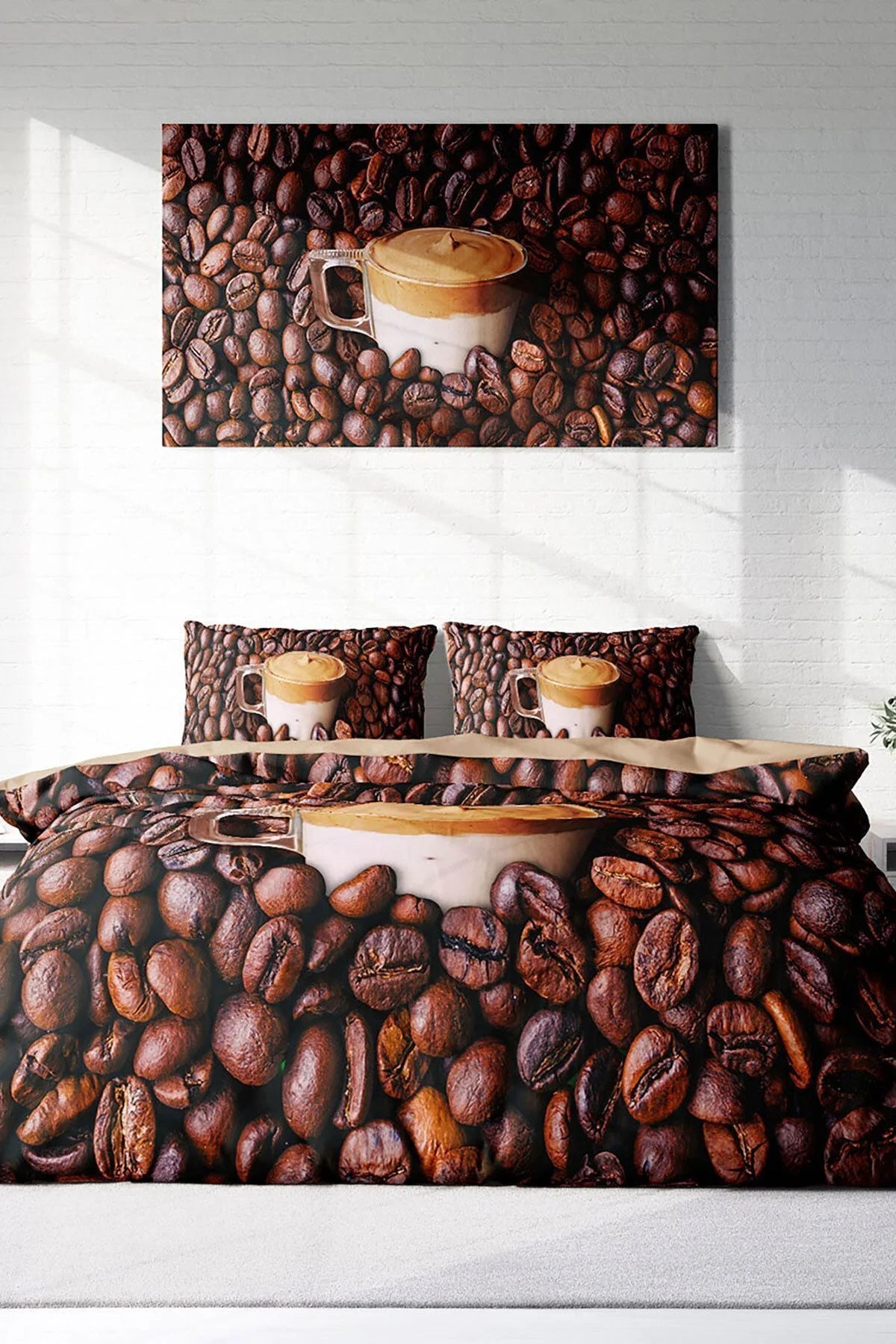 King Size Night Coffee 3D Pamuk Saten Çift Kişilik Nevresim Takımı