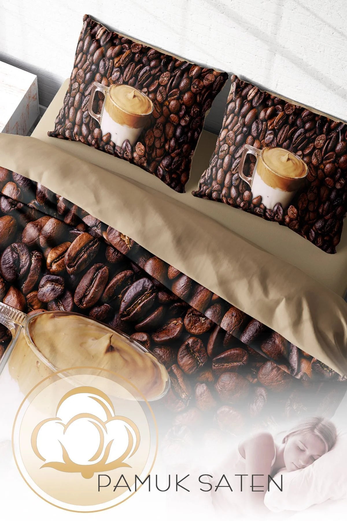 King Size Night Coffee 3D Pamuk Saten Çift Kişilik Nevresim Takımı