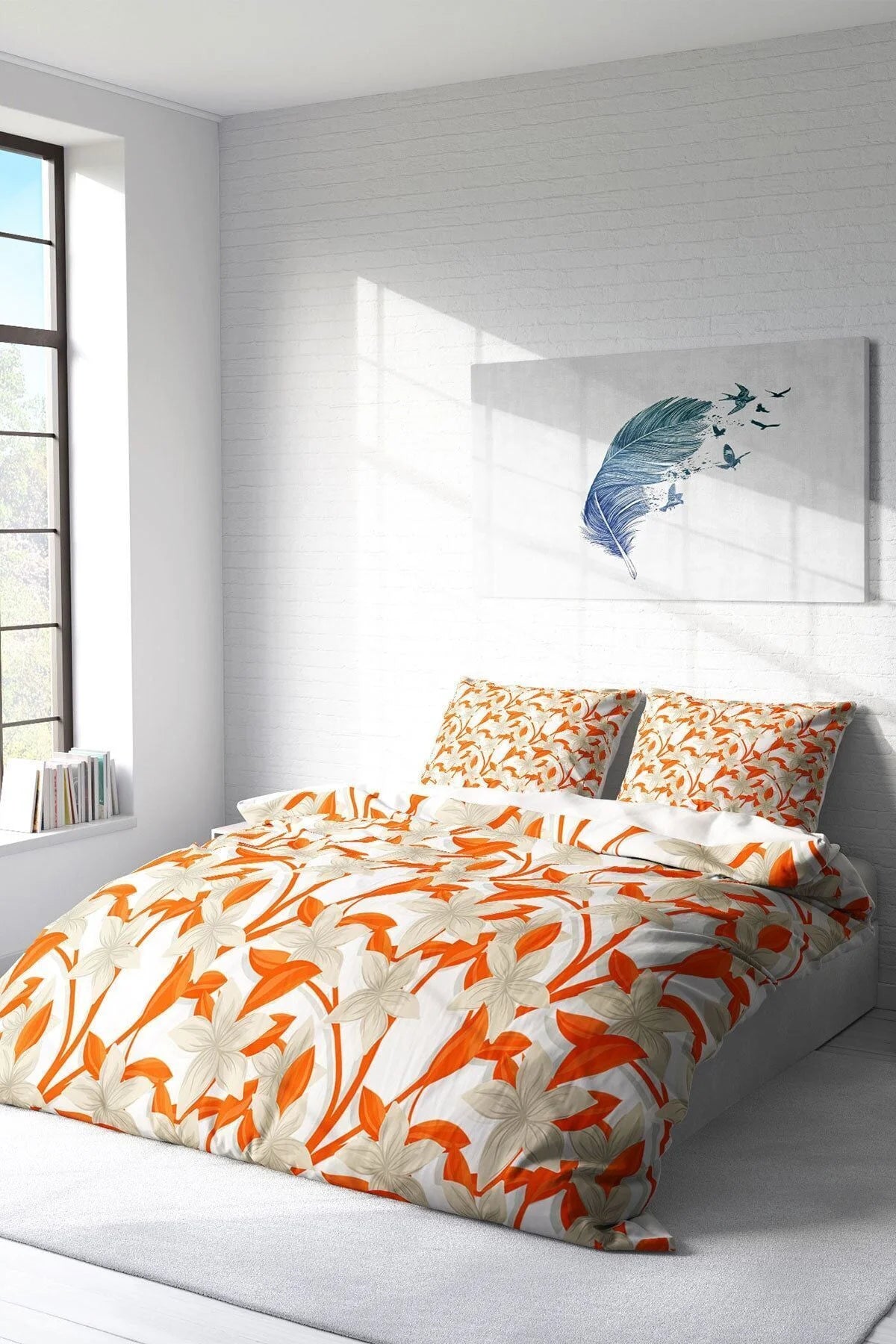 King Size Orange 3D Pamuk Saten Çift Kişilik Nevresim Takımı