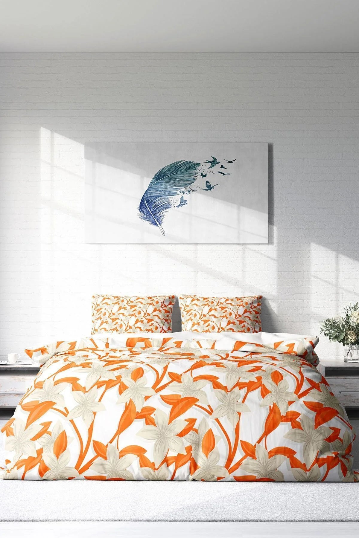 King Size Orange 3D Pamuk Saten Çift Kişilik Nevresim Takımı