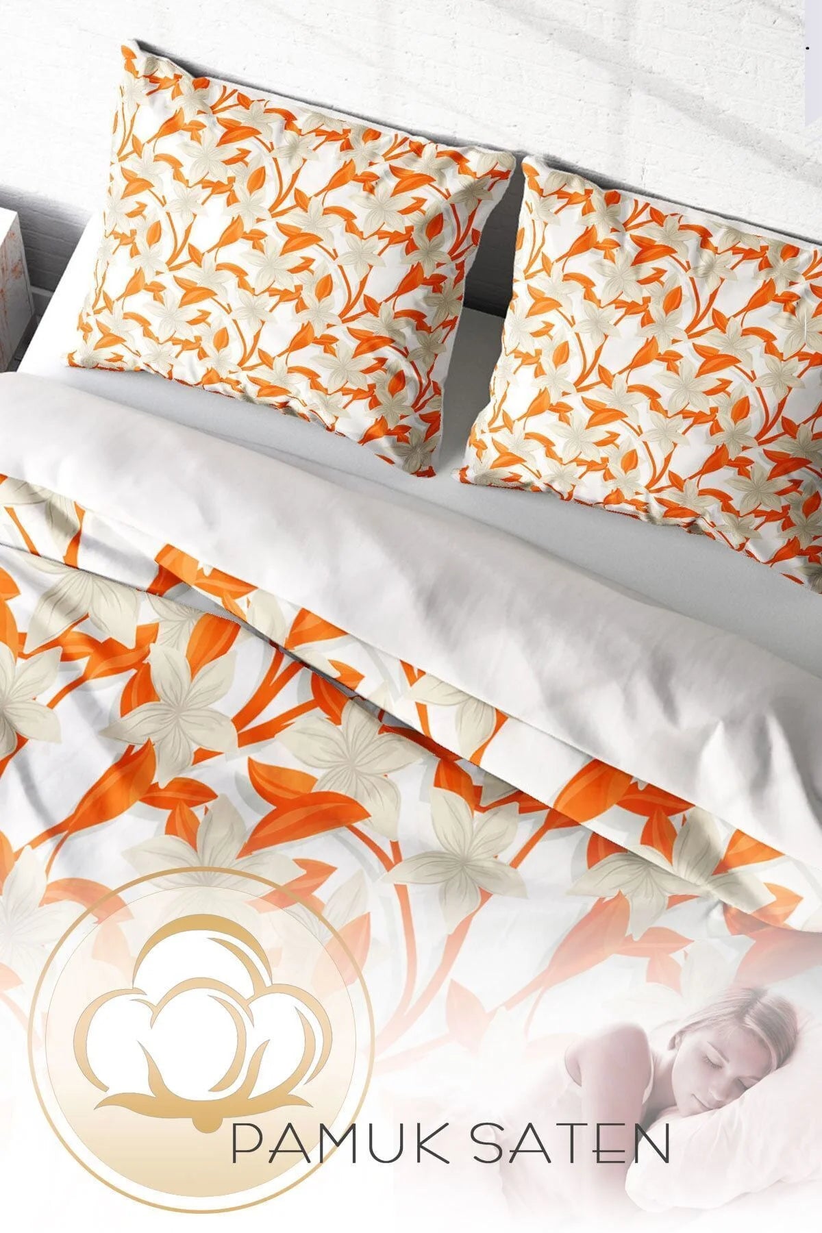 King Size Orange 3D Pamuk Saten Çift Kişilik Nevresim Takımı