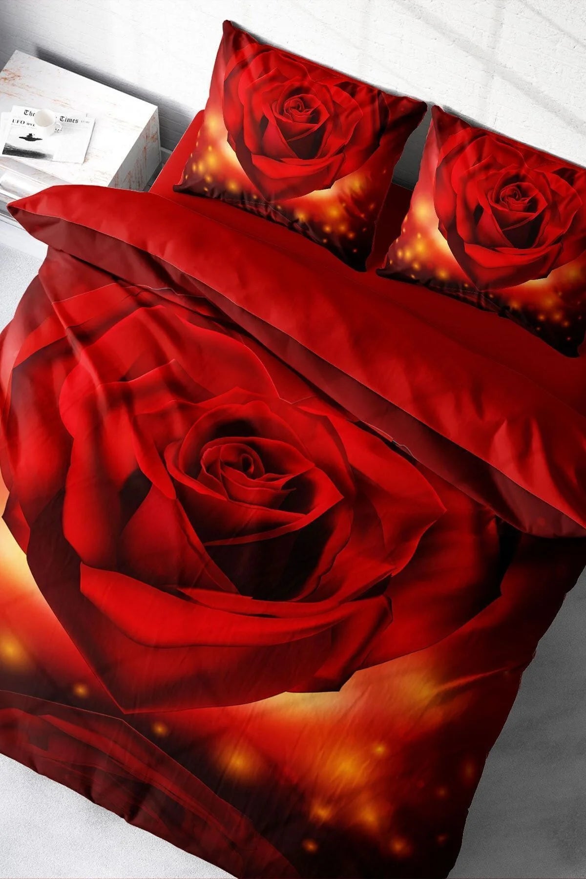 Kırmızı Kalpli Nevresim 3D Dijital Özel Tasarım Pamuk Saten Çift Kişilik Nevresim Takımı Red Heart